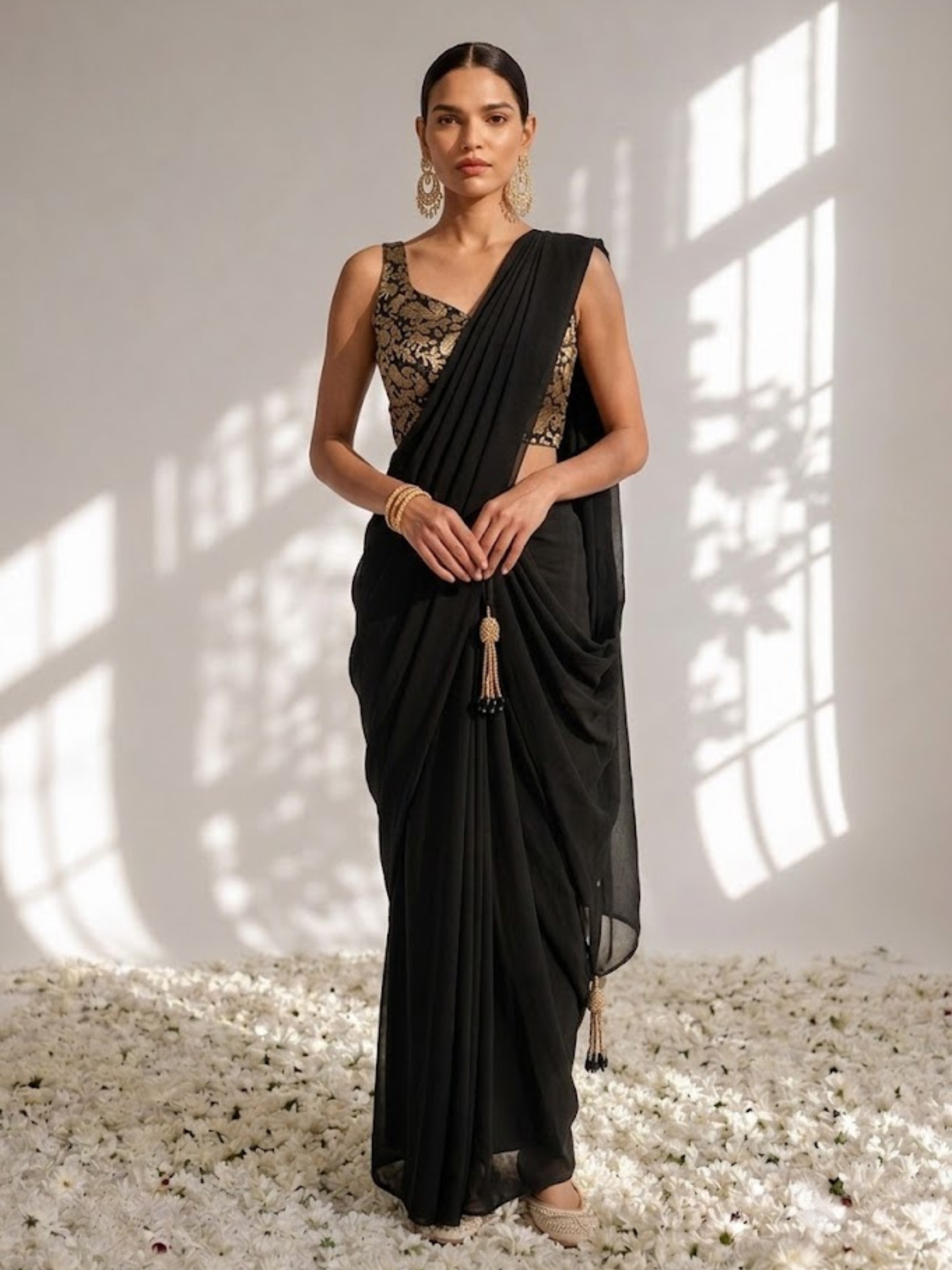 With Stitched Blouse - Black Brocade Blouse with Black Chiffon Saree (Blouse has sleeve attached)