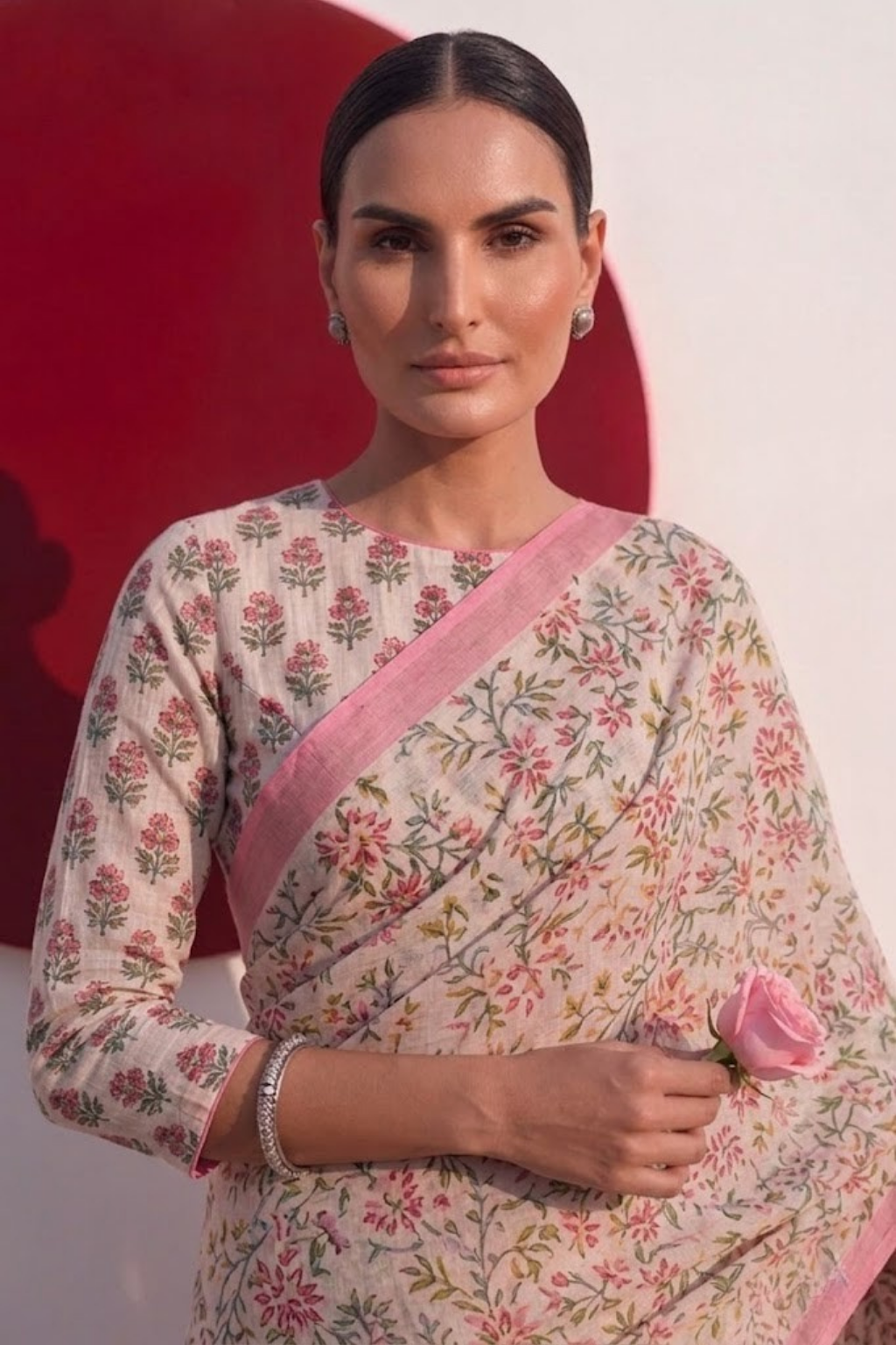 Pink Pure Silk Chiffon Printed Saree with Blouse Fabric