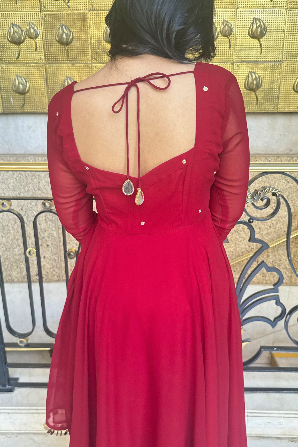 3 pc Suit Set -Maroon Embroidered Georgette Anarkali 3/4th Sleeve Suit with Pants and Dupatta