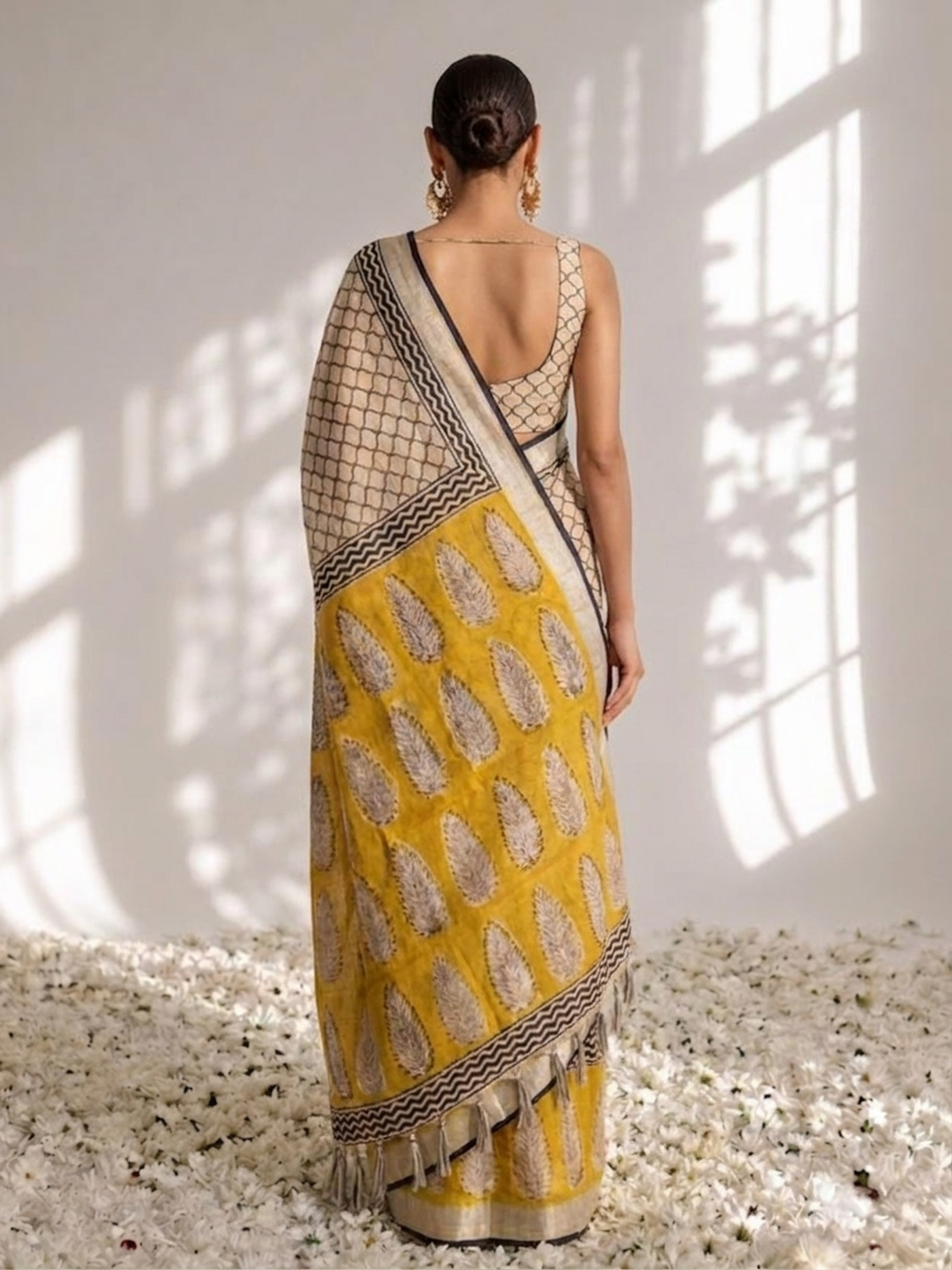Cream and Yellow Hand Printed Geometrical Soft Cotton Saree