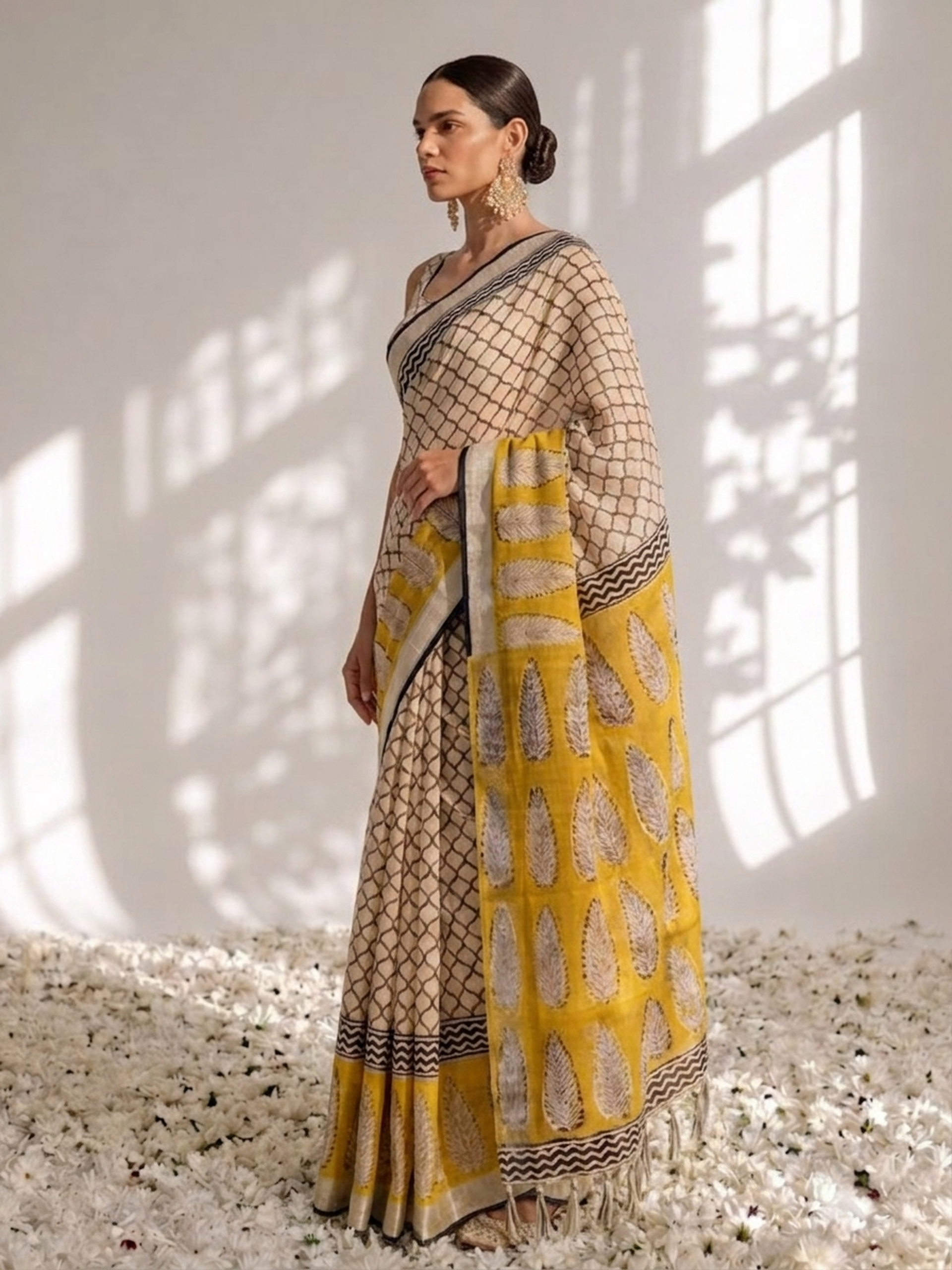 Yellow and Grey Pure Silk Kota Printed Saree with Blouse Fabric