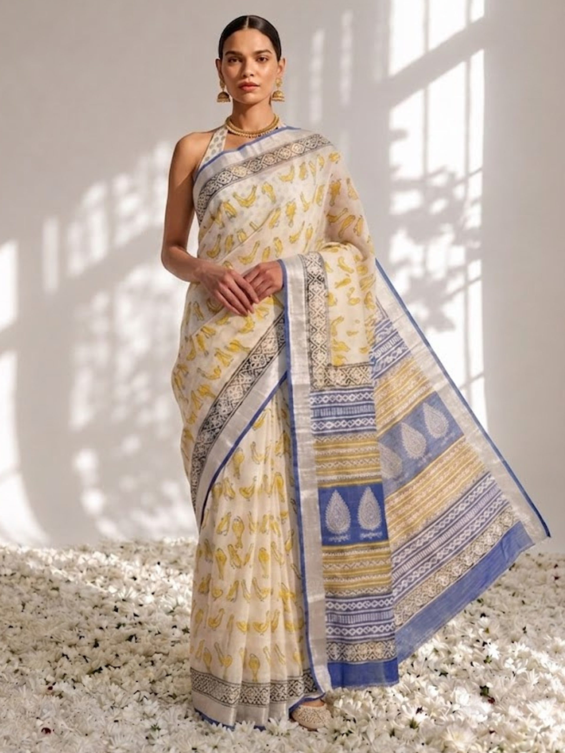 Cream and Blue Yellow Hand Printed Soft Cotton Saree with Blouse Fabric