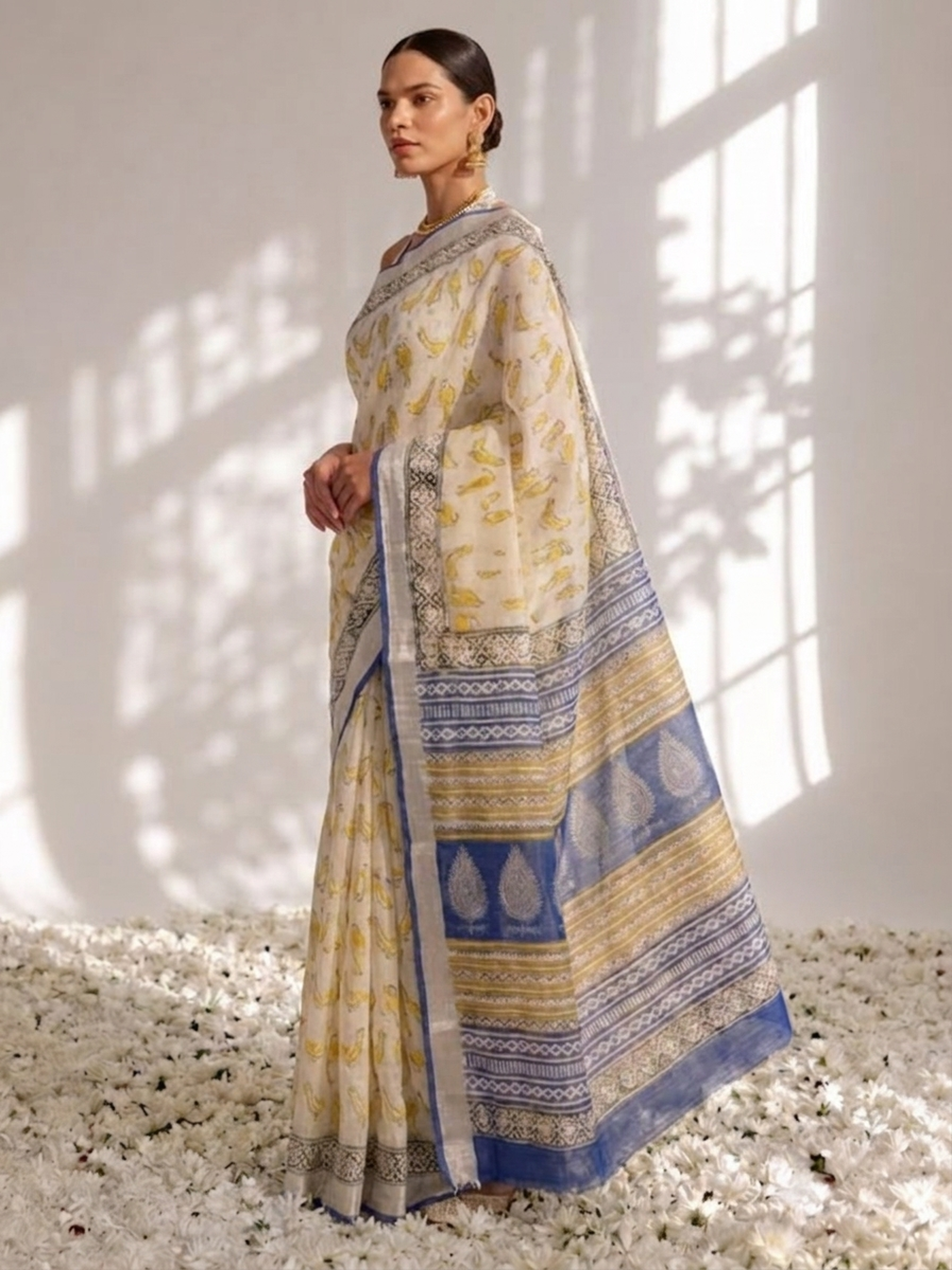 Cream and Blue Yellow Hand Printed Soft Cotton Saree with Blouse Fabric