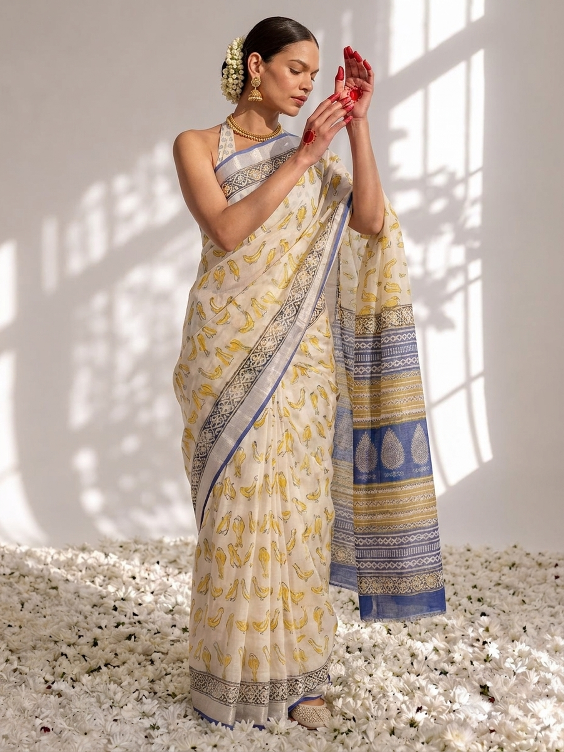 Cream and Blue Yellow Hand Printed Soft Cotton Saree with Blouse Fabric