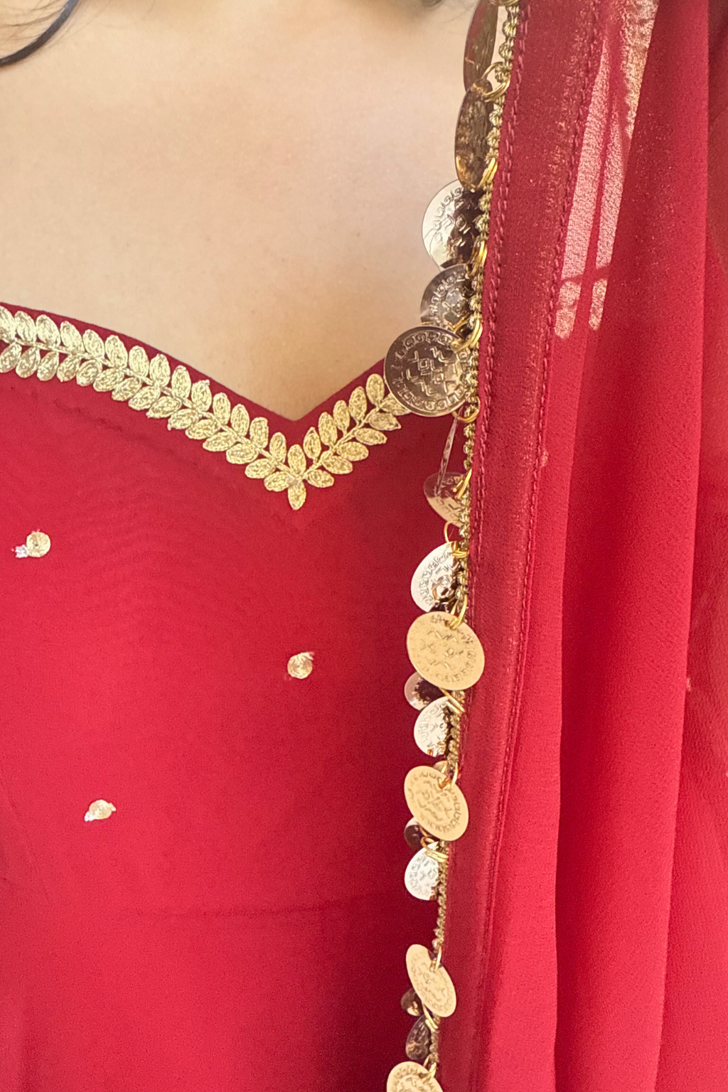 3 pc Suit Set -Maroon Embroidered Georgette Anarkali 3/4th Sleeve Suit with Pants and Dupatta