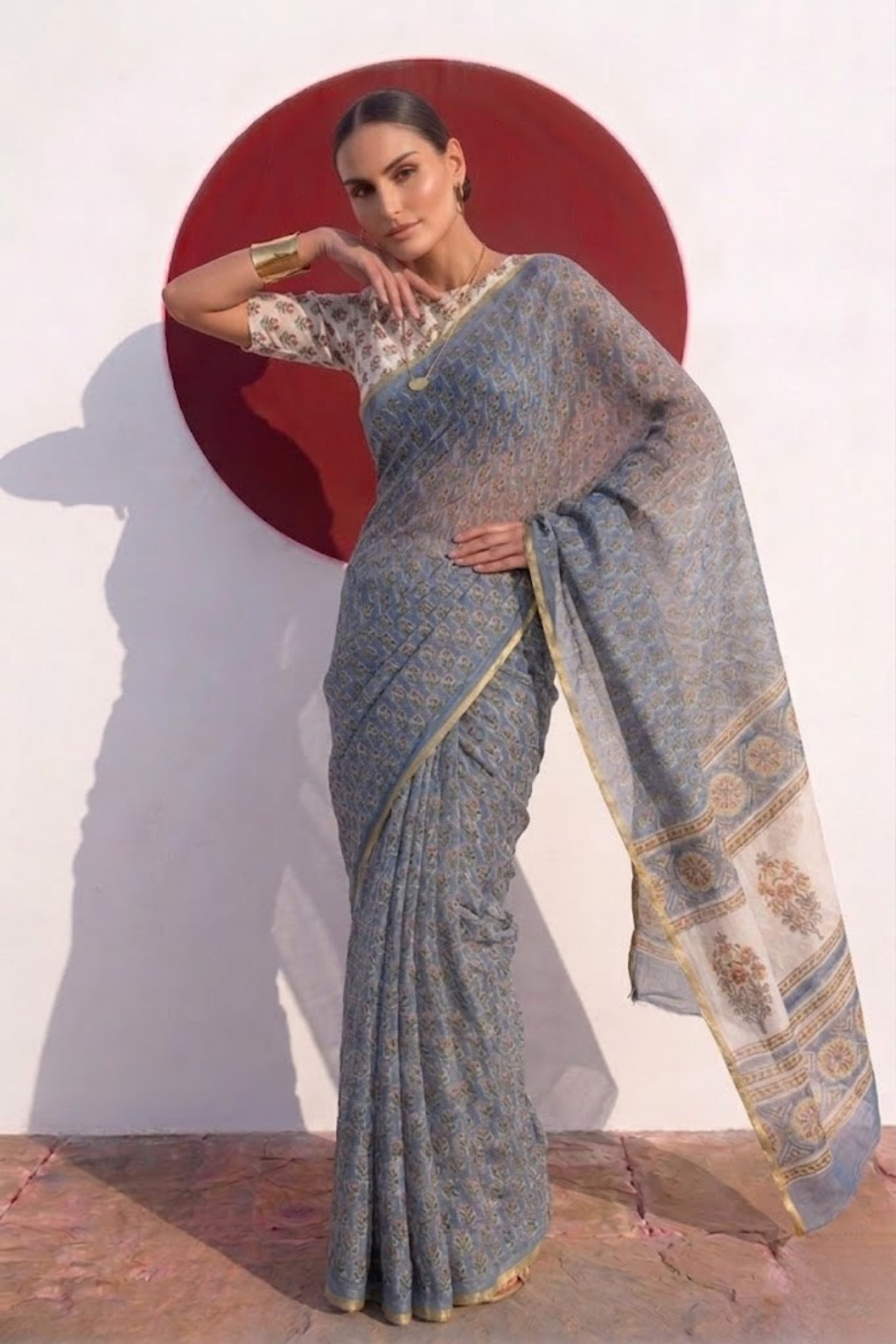 Blue Pure Silk Chiffon Printed Saree with Blouse Fabric
