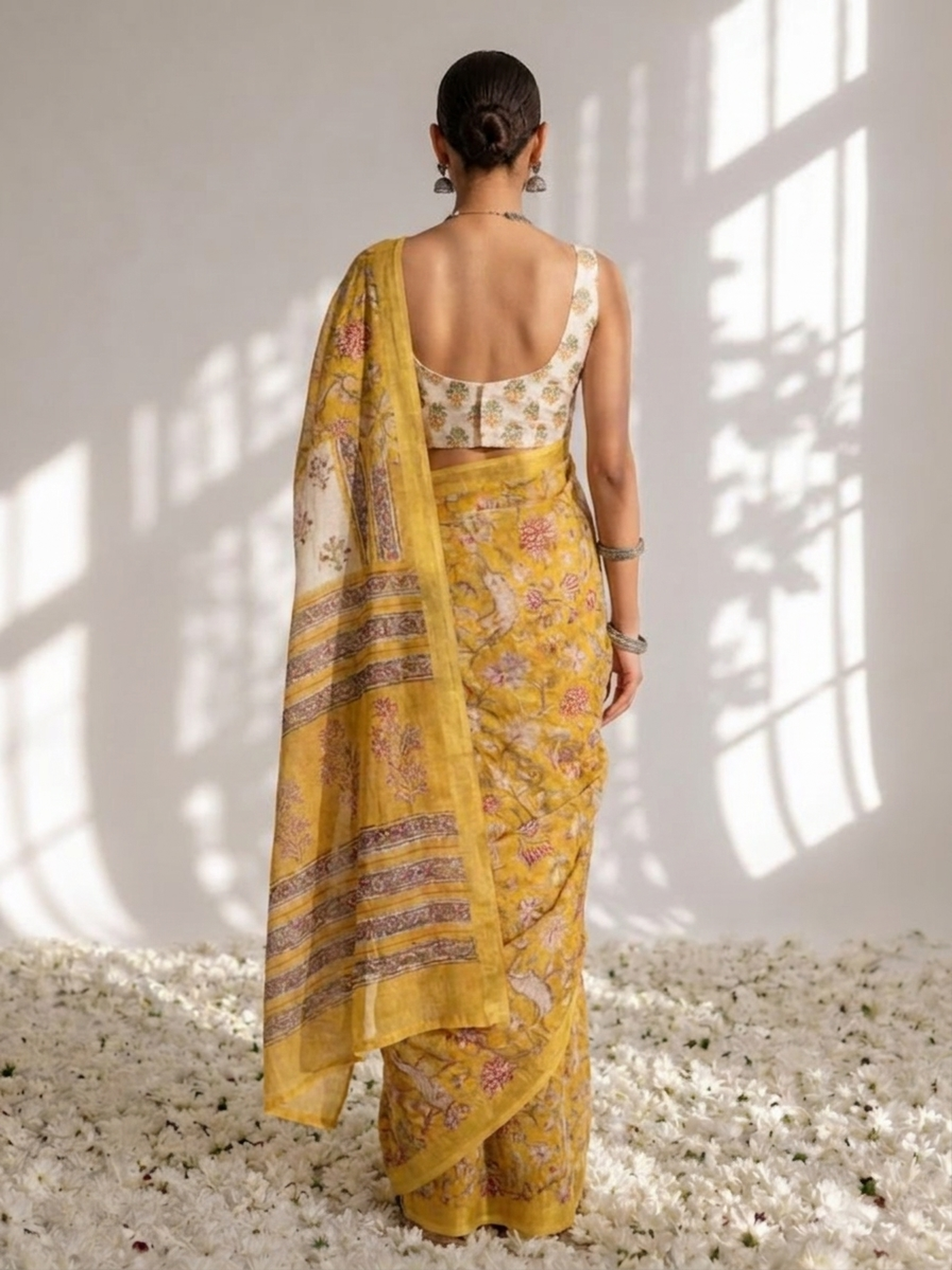 Yellow pure silk chiffon printed saree with blouse fabric — view 5