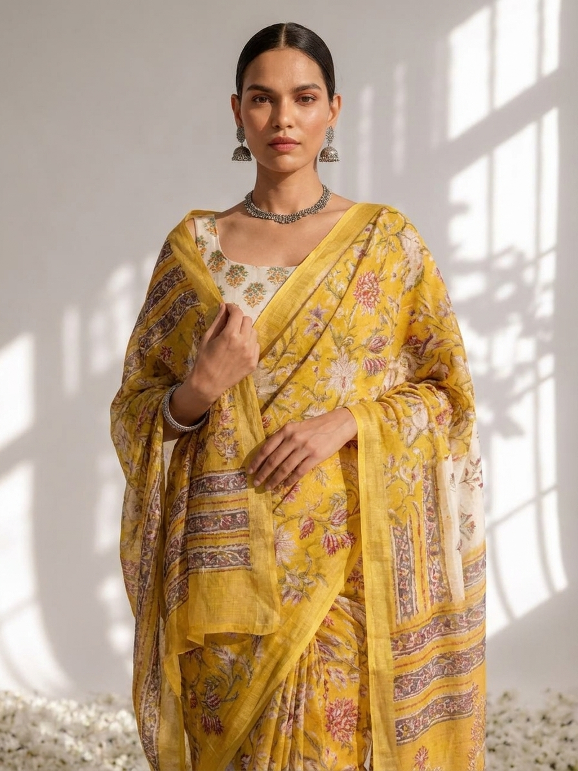 Yellow pure silk chiffon printed saree with blouse fabric — view 3