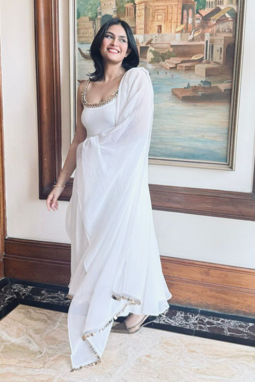 3 pc Suit Set - White Georgette Anarkali Suit with Glass Beads Neck with Pants and Dupatta