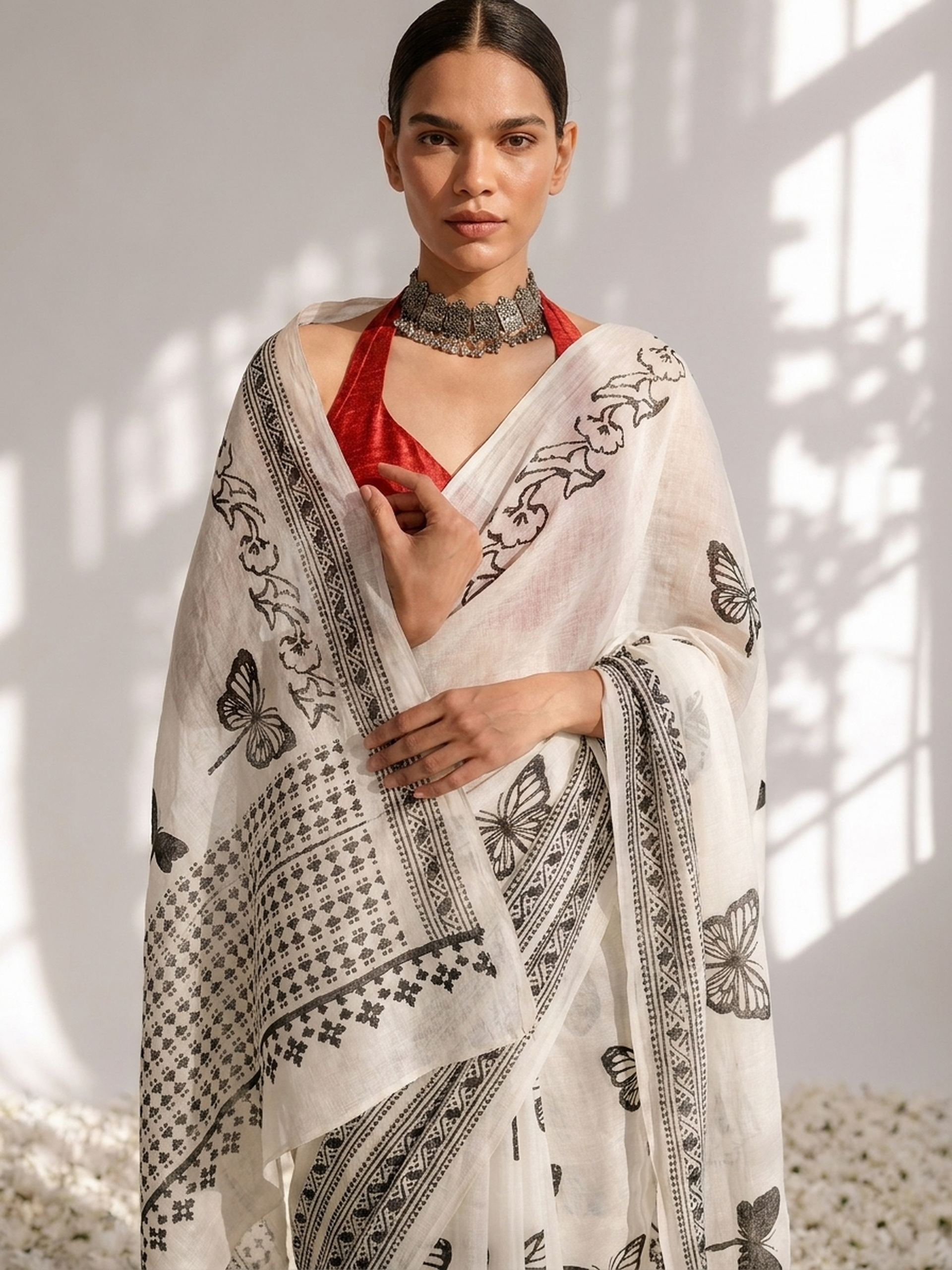Butterfly White and Black Hand Block Cotton Saree with Red Printed Blouse