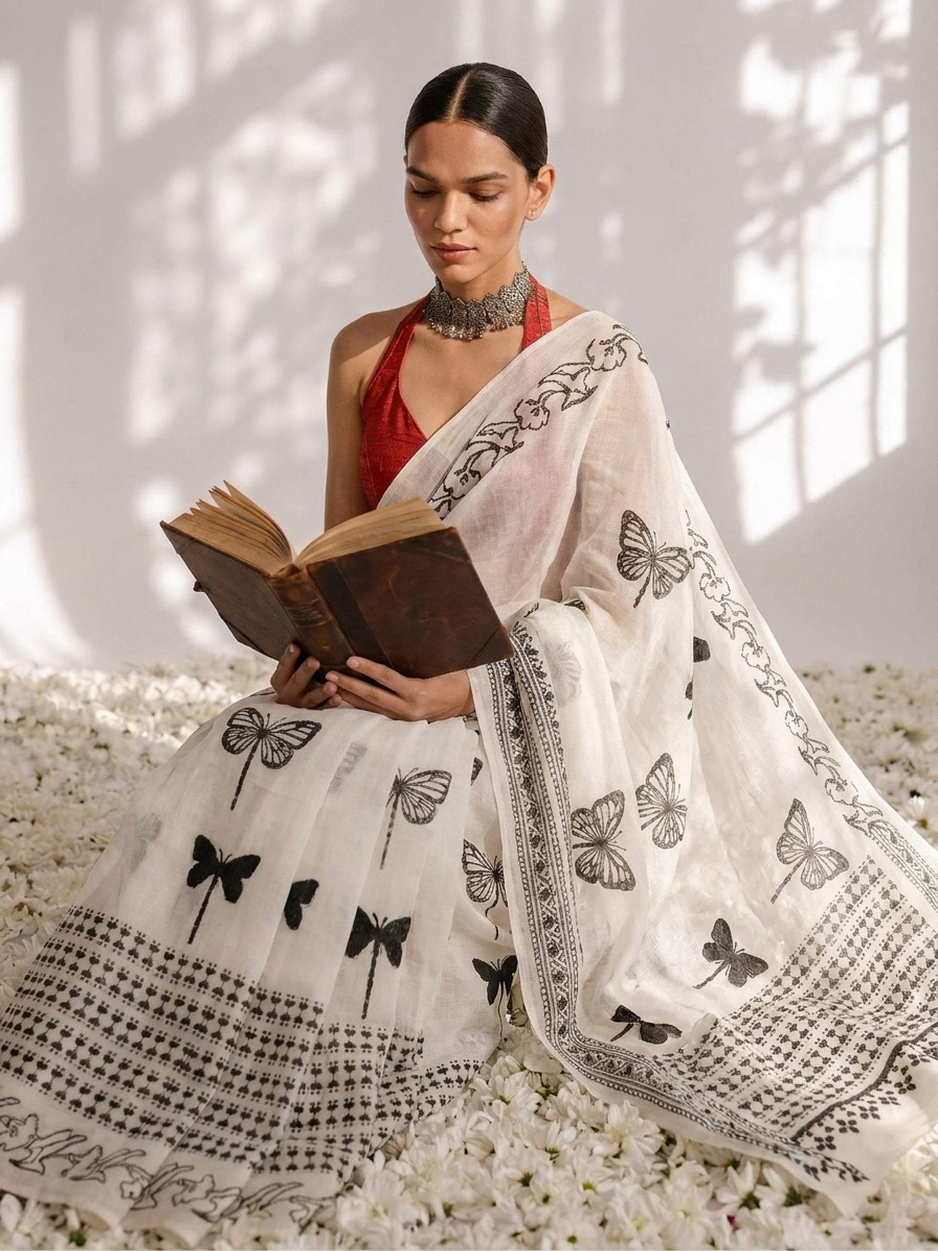 Butterfly White and Black Hand Block Cotton Saree with Red Printed Blouse