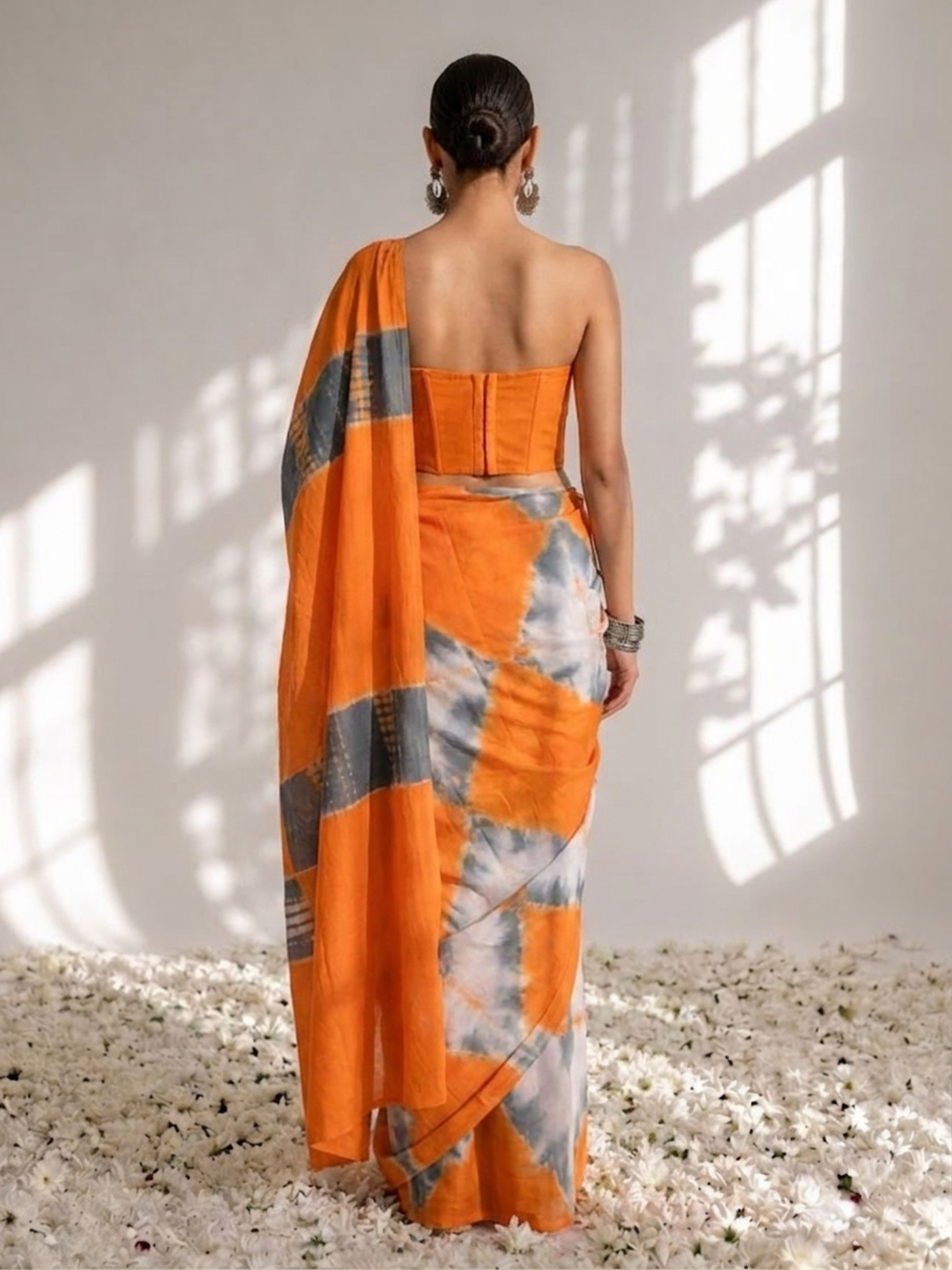 Orange and Grey Tie Dye Cotton Saree with Blouse fabric
