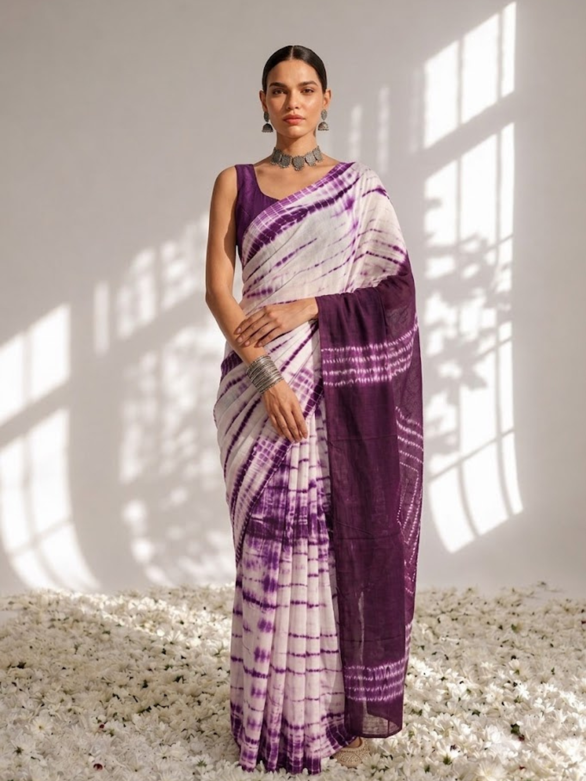 Chocolate and Purple Tie Dye Stripes Cotton Saree with Blouse fabric