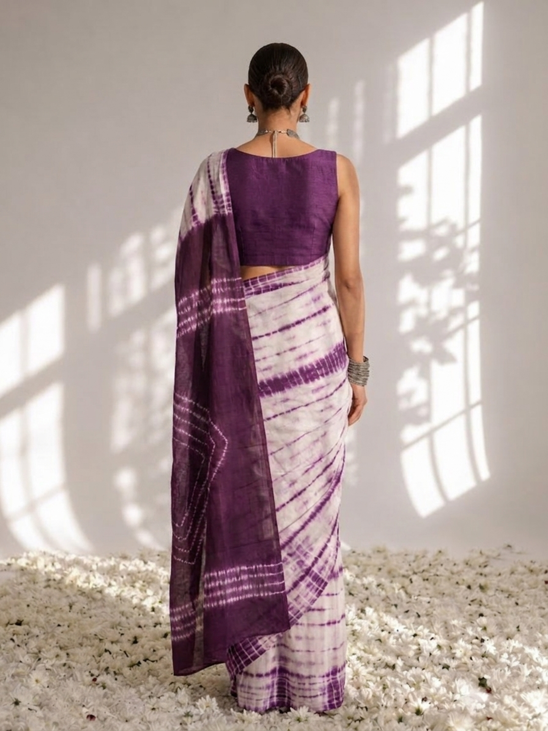 Chocolate and Purple Tie Dye Stripes Cotton Saree with Blouse fabric