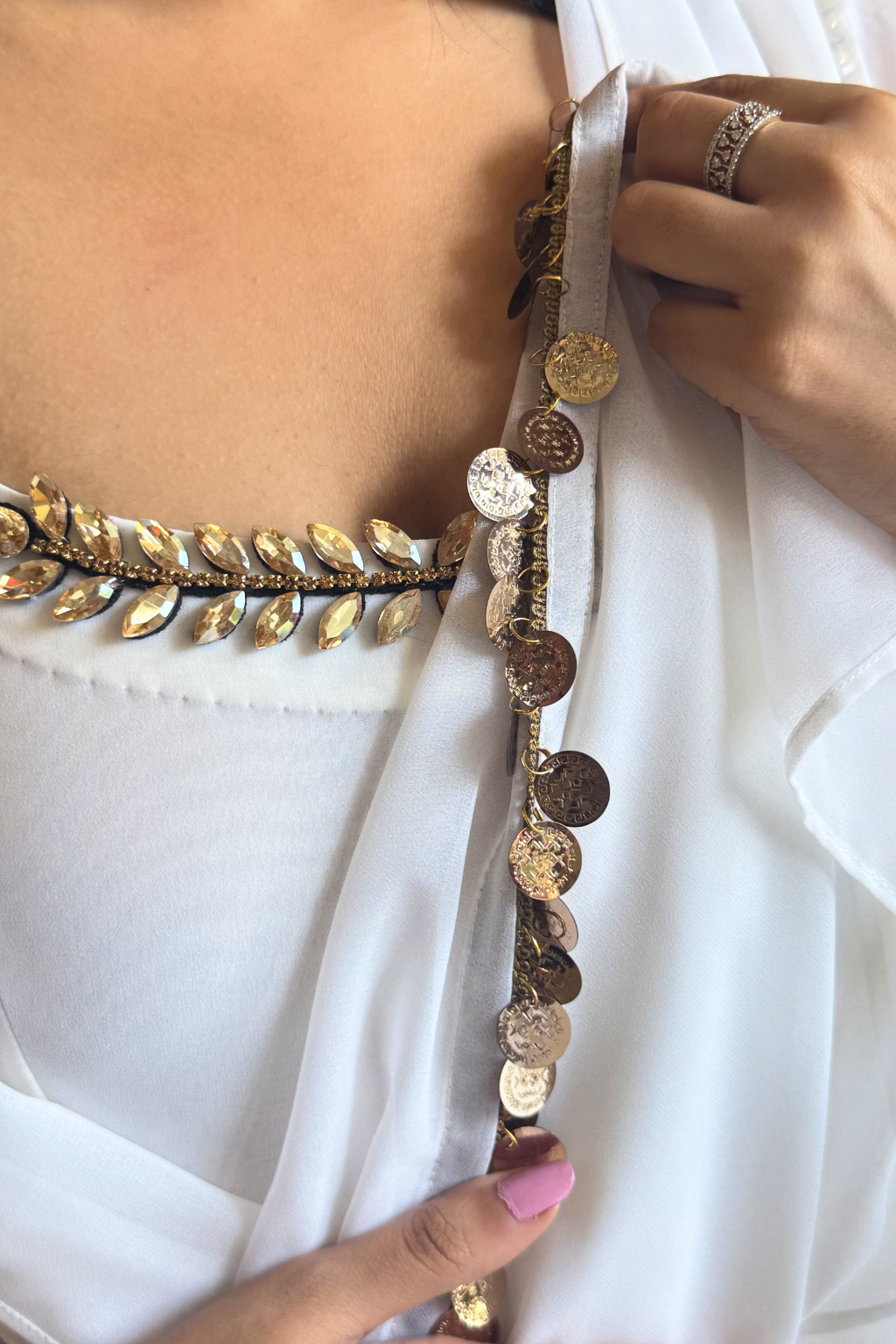 3 pc Suit Set - White Georgette Anarkali Suit with Glass Beads Neck with Pants and Dupatta