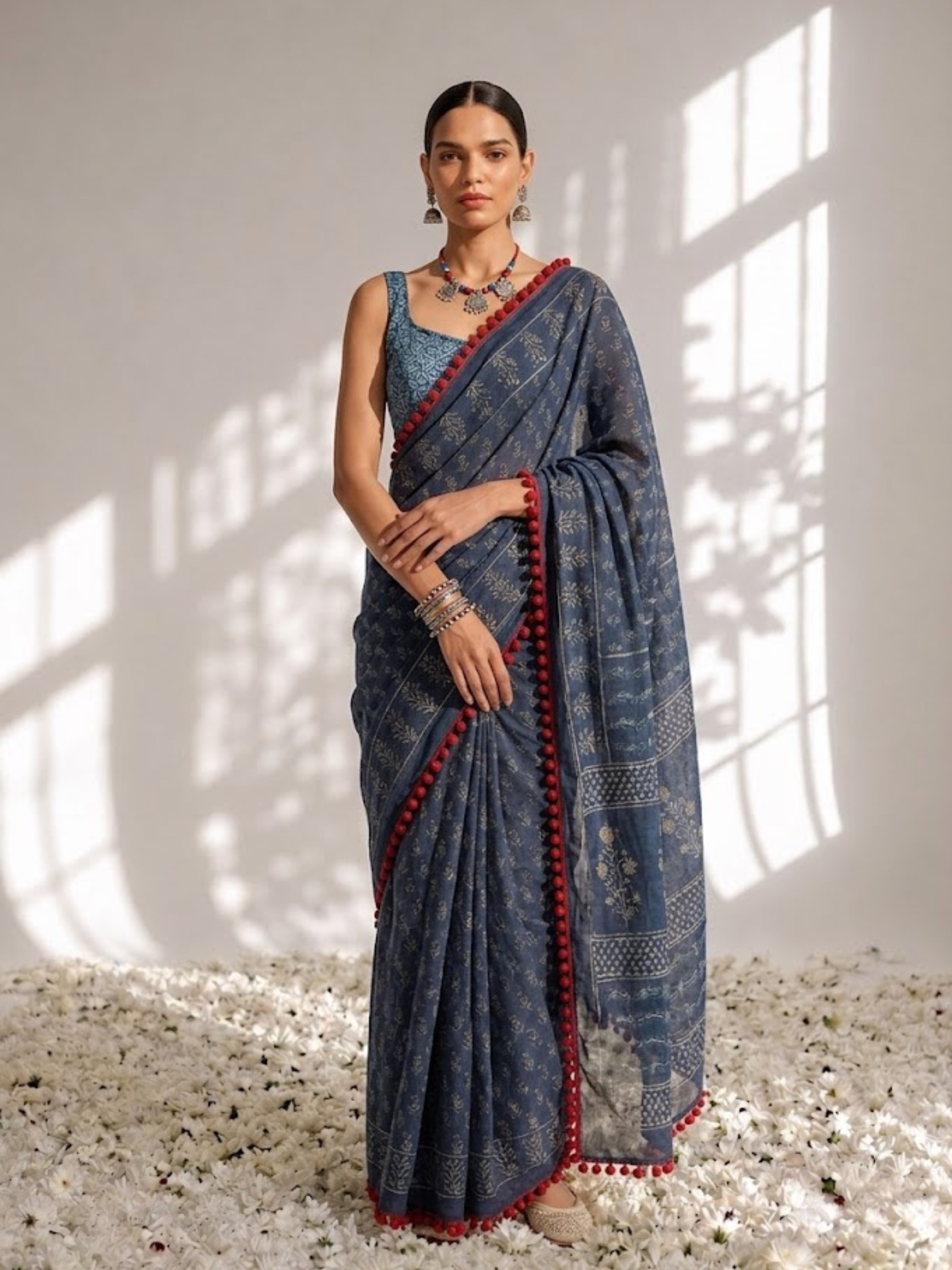 Indigo Hand Block Printed Saree with Red Lace and Blouse Fabric