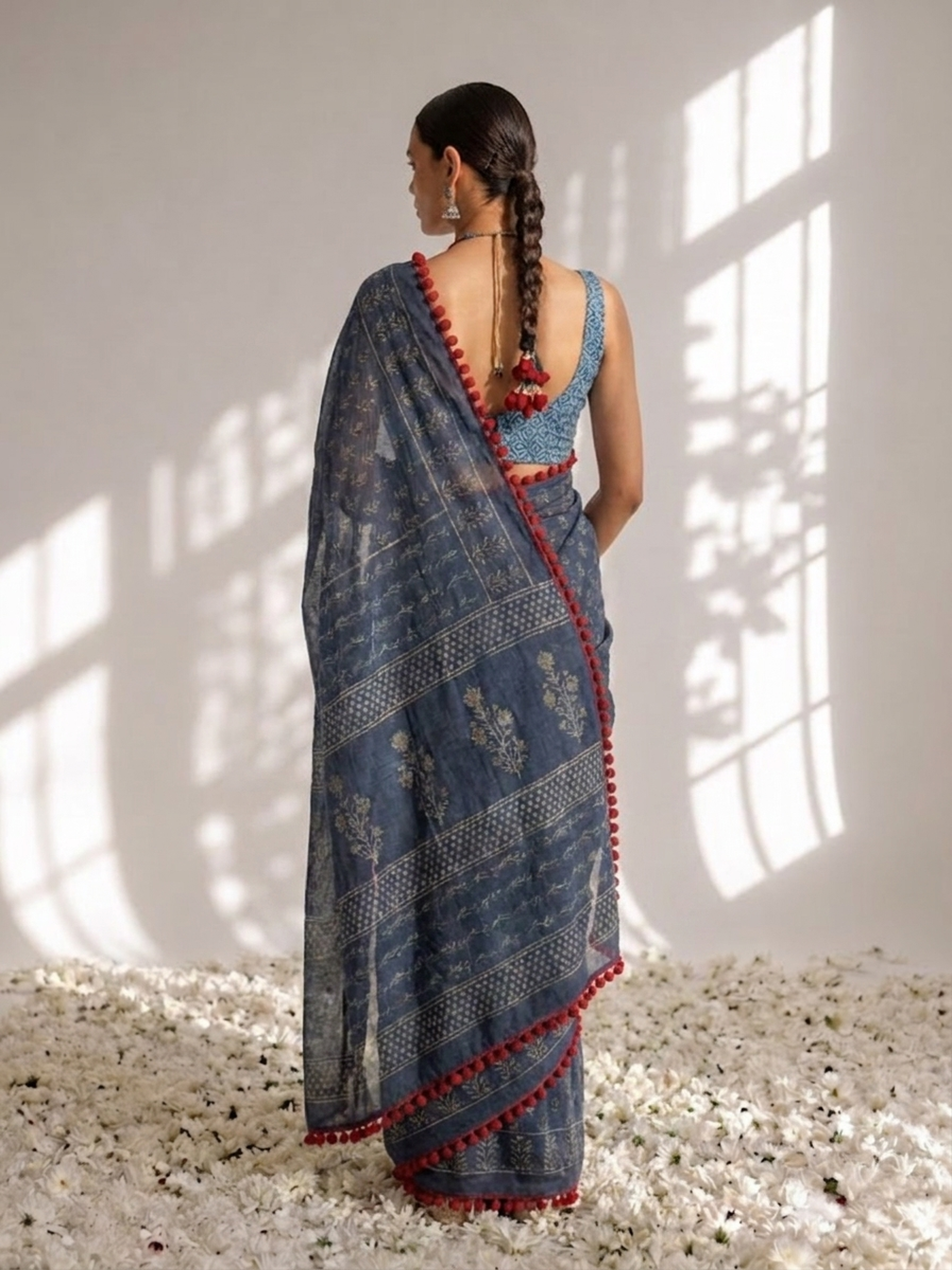 Indigo Hand Block Printed Saree with Red Lace and Blouse Fabric