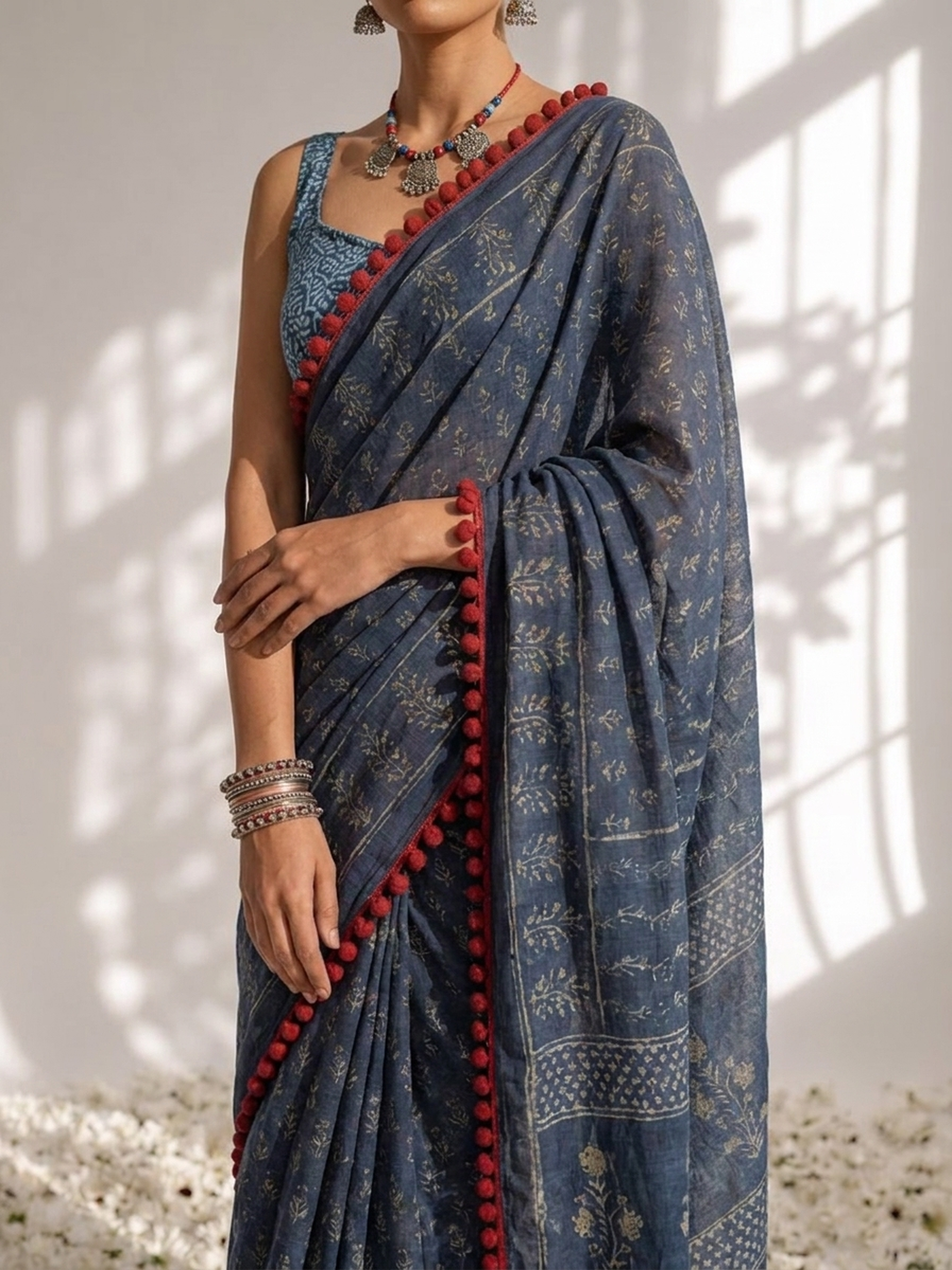 Indigo Hand Block Printed Saree with Red Lace and Blouse Fabric