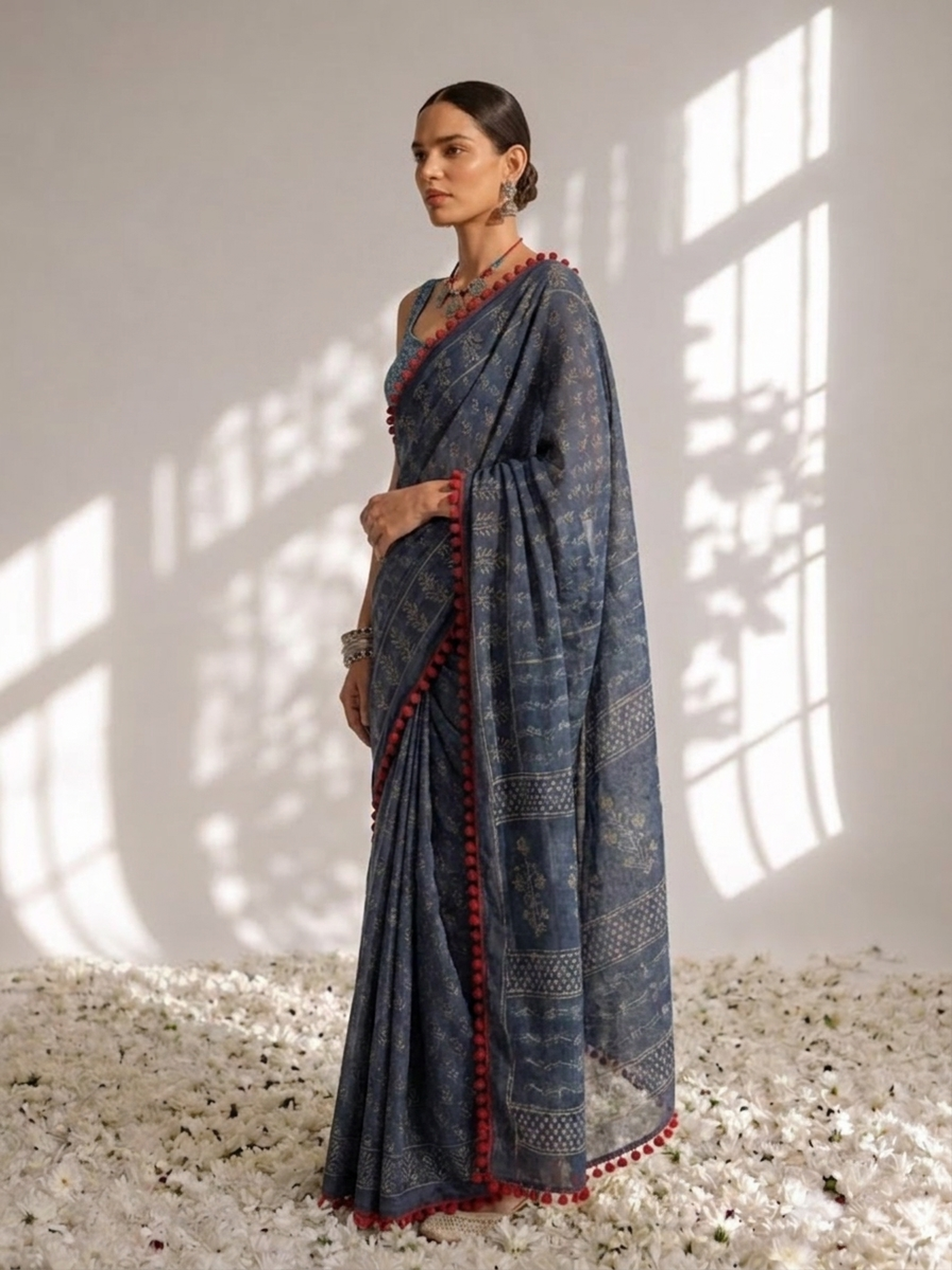 Indigo Hand Block Printed Saree with Red Lace and Blouse Fabric