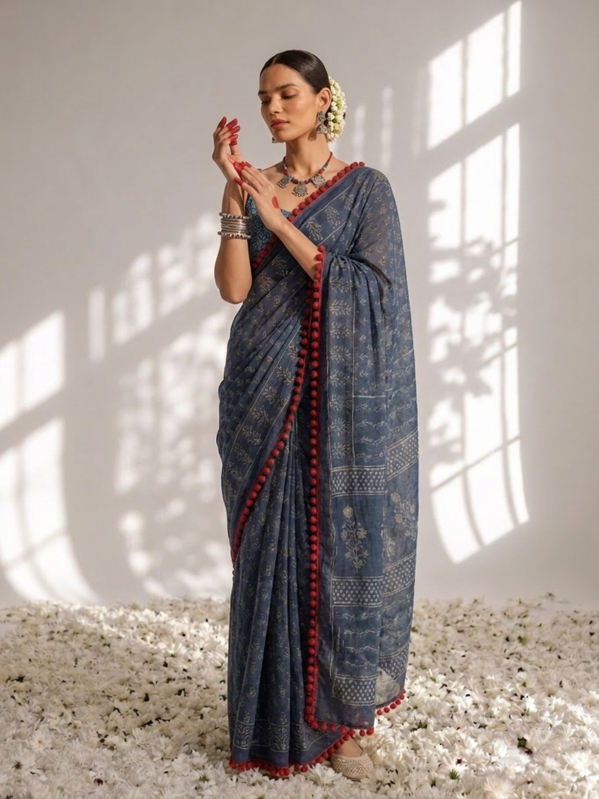 Indigo Hand Block Printed Saree with Red Lace and Blouse Fabric