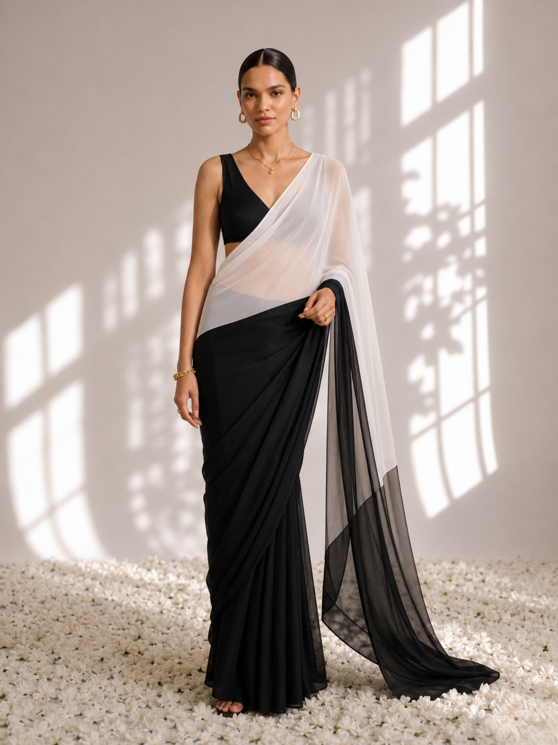 White and Black Georgette Triangle Saree with Blouse Fabric