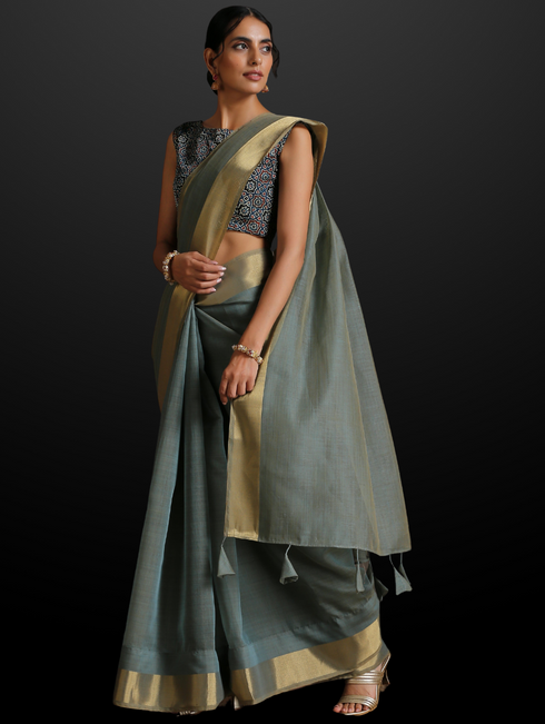 Blue Dusk Dual Shade Cotton Saree with Border and Tassels