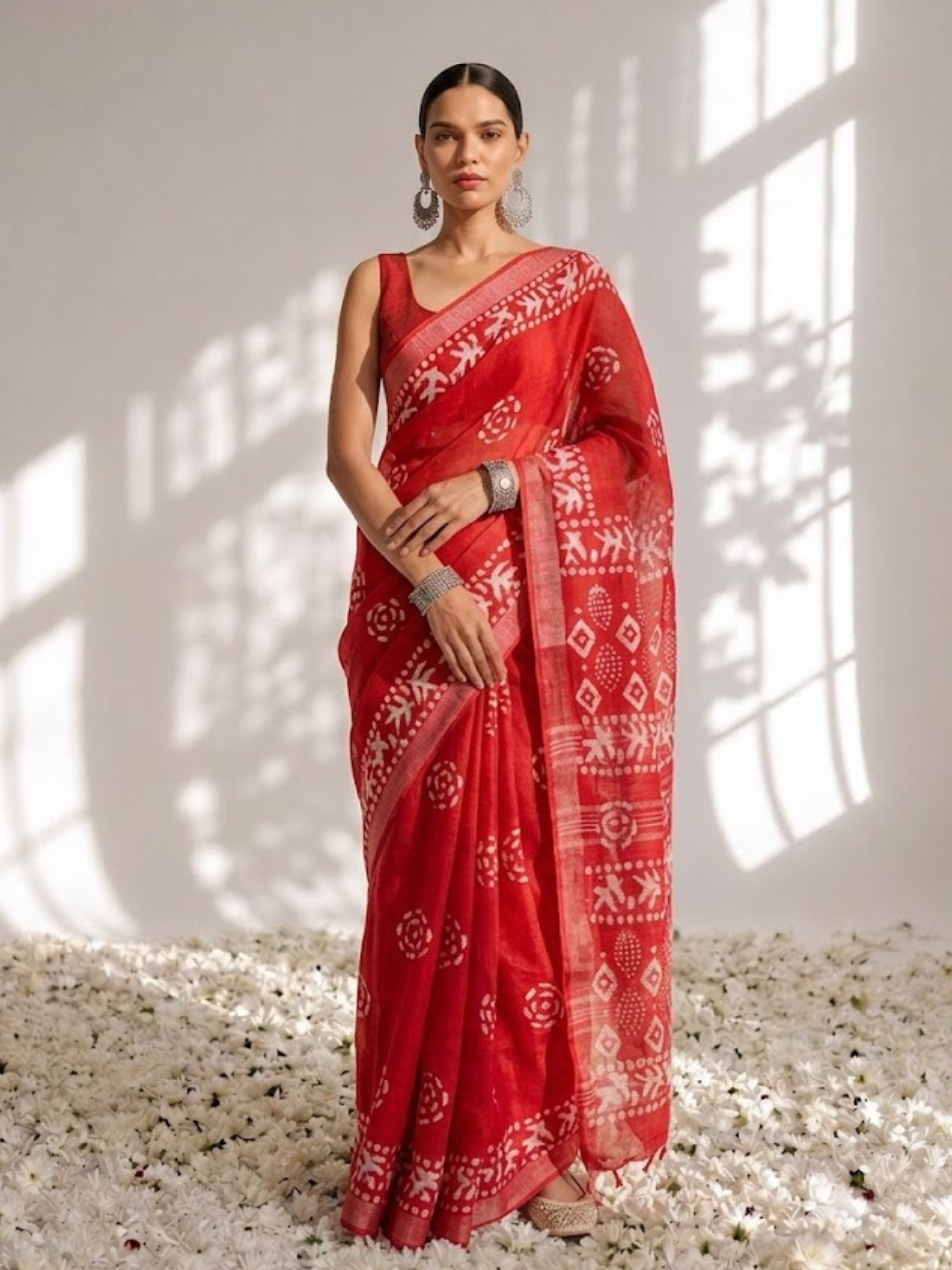 Red Hand Block Printed Soft Cotton Saree with Blouse Fabric