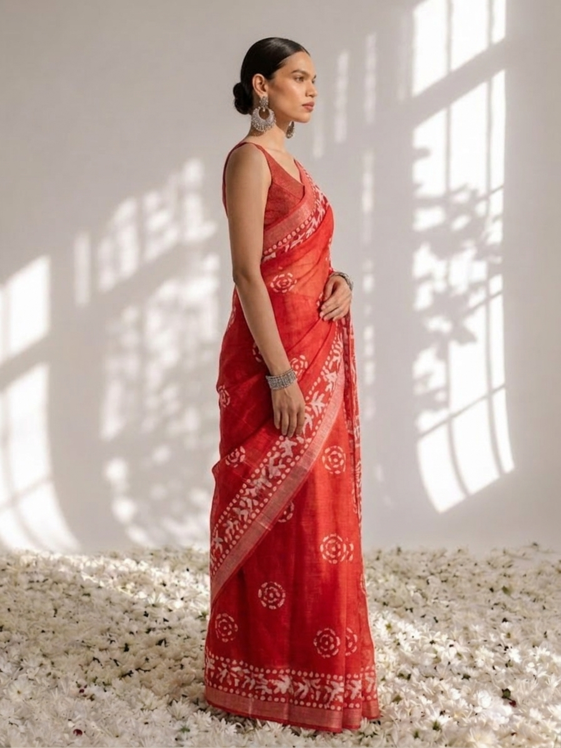 Red Hand Block Printed Soft Cotton Saree with Blouse Fabric