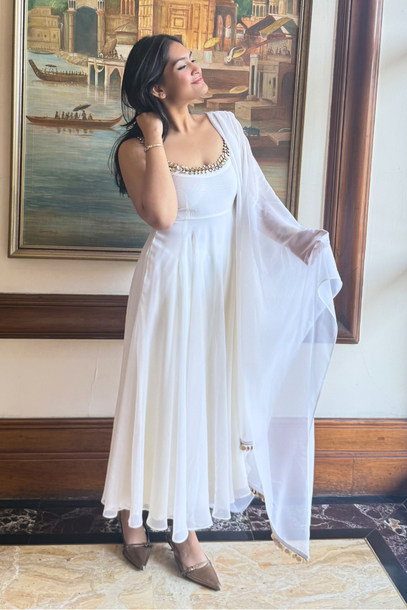 3 pc Suit Set - White Georgette Anarkali Suit with Glass Beads Neck with Pants and Dupatta