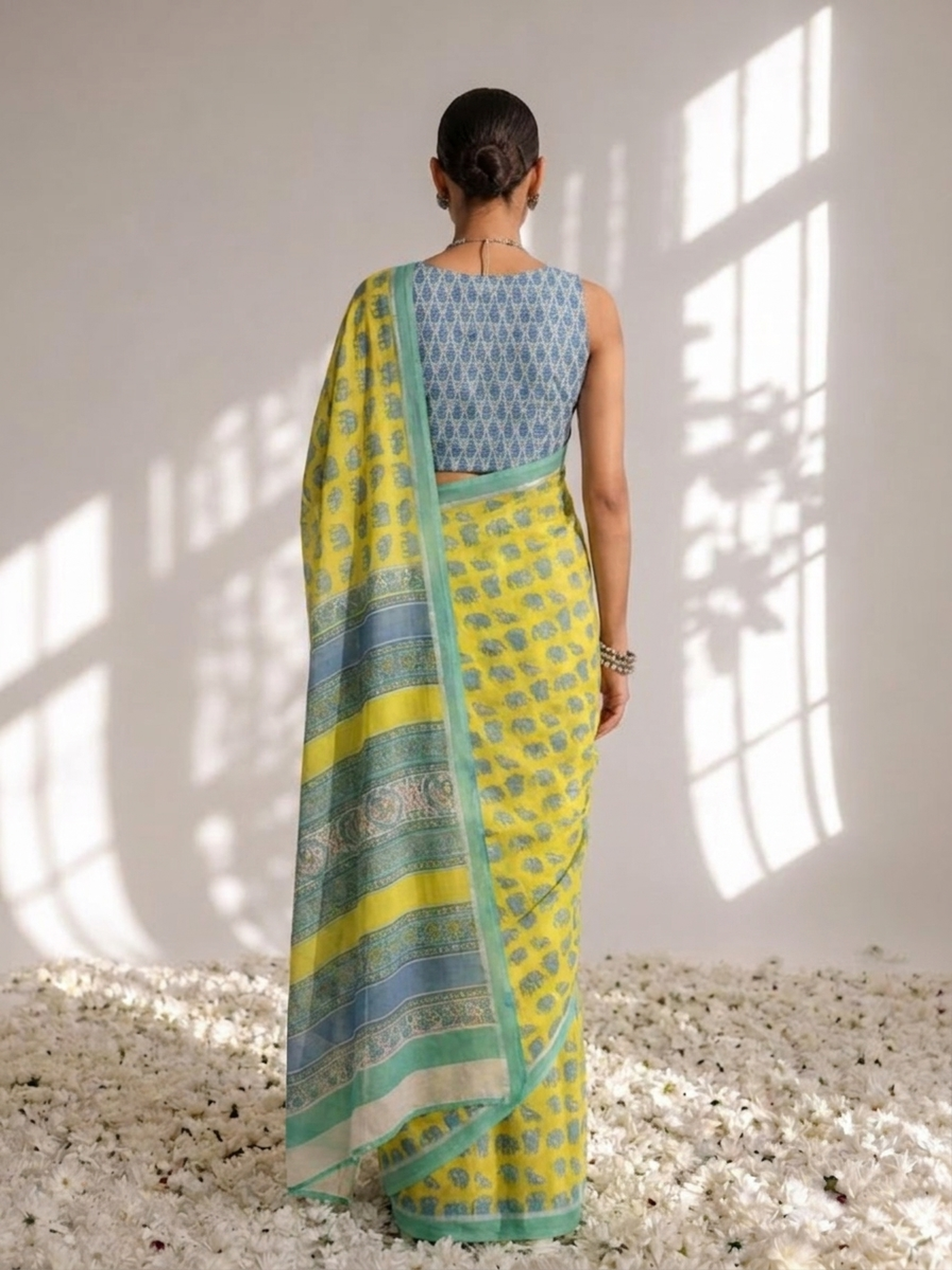 Elephant Yellow Hand Block Cotton Saree with Green Border and Blue Blouse