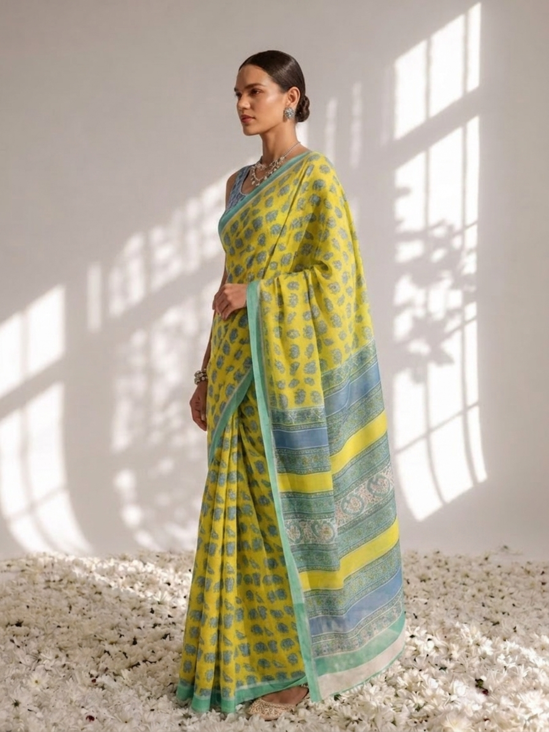 Elephant Yellow Hand Block Cotton Saree with Green Border and Blue Blouse