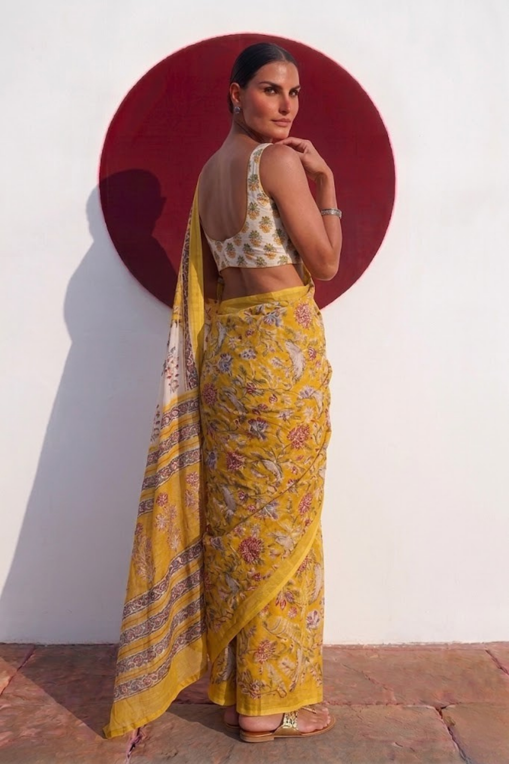 Yellow Pure Silk Chiffon Printed Saree with Blouse Fabric