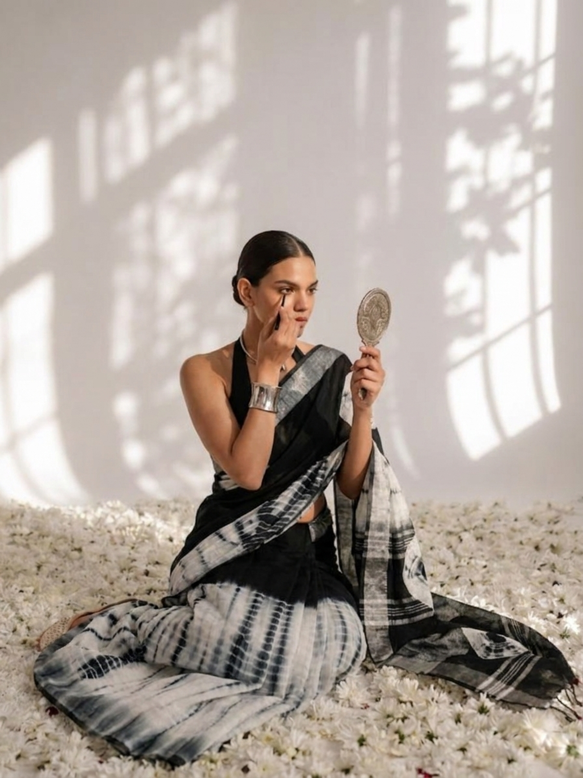 Black and White Hand Tie Dye Soft Cotton Saree