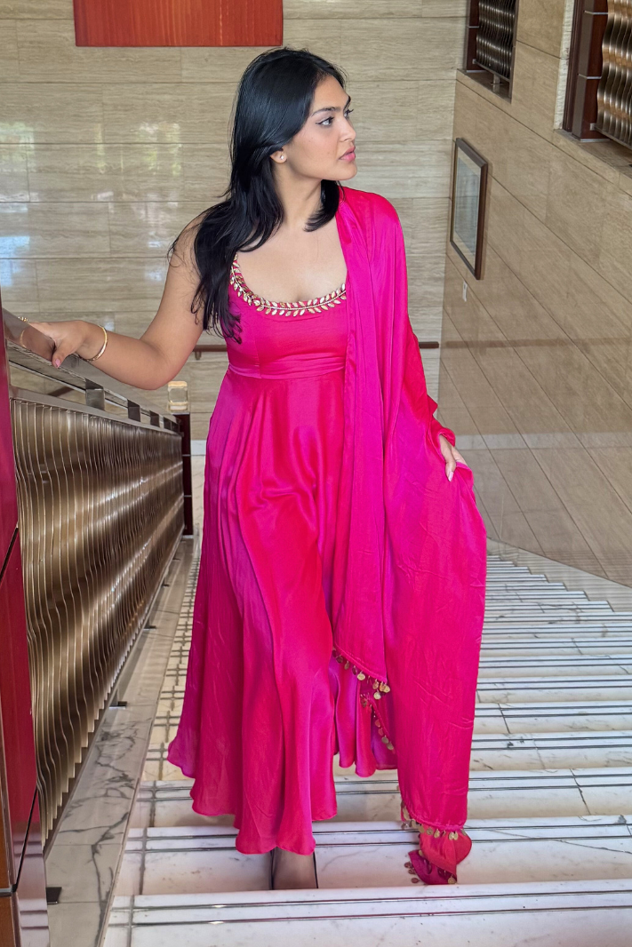 3 pc Suit Set - Fuschia Dual Shade Satin Anarkali Suit with Glass Beads Neck with Pants and Dupatta