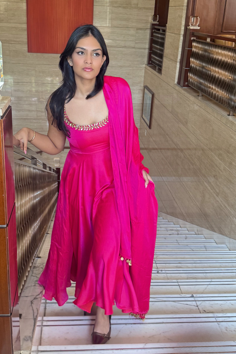 3 pc Suit Set - Fuschia Dual Shade Satin Anarkali Suit with Glass Beads Neck with Pants and Dupatta