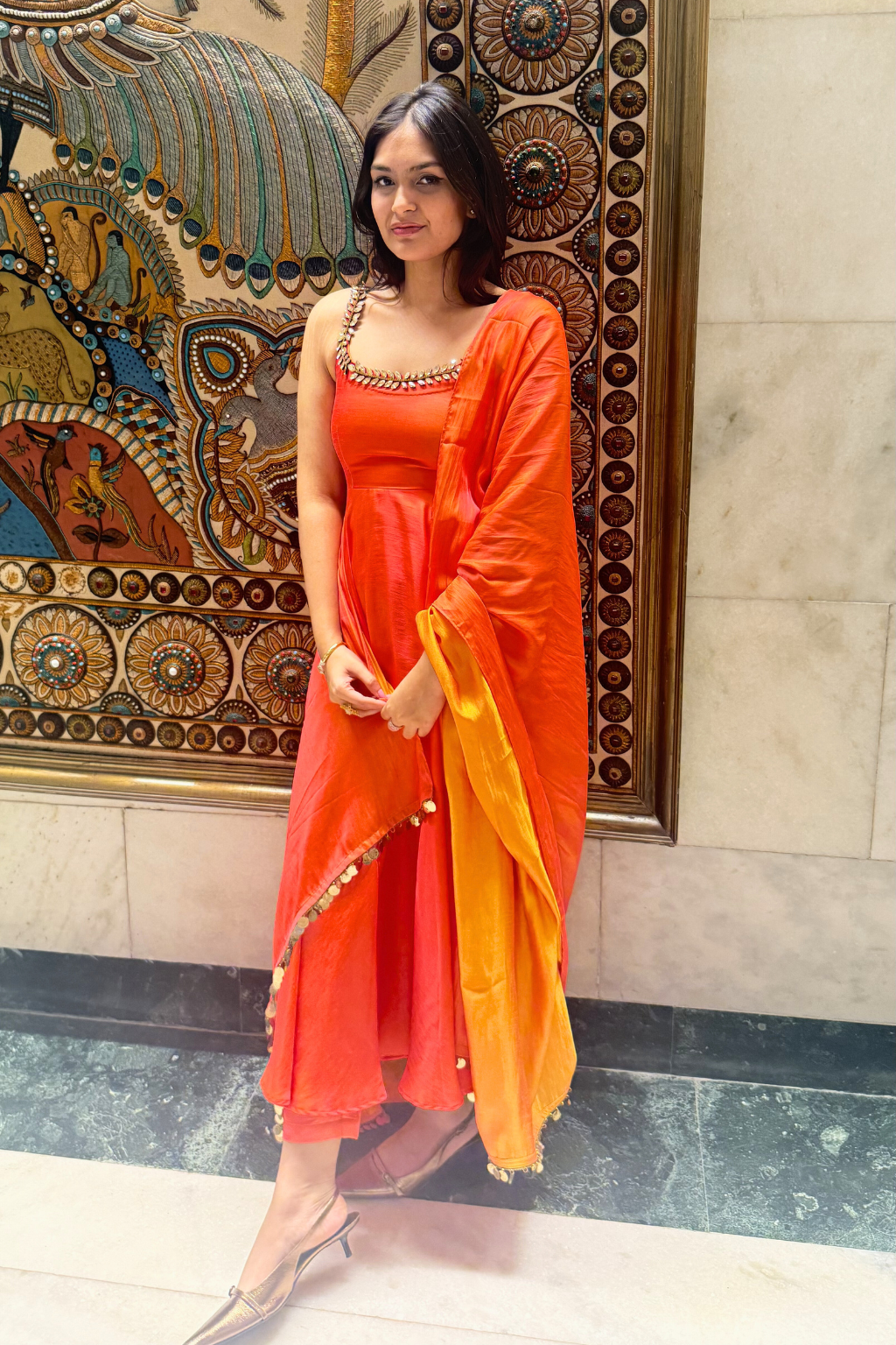 3 pc Suit Set - Orange yellow Dual Shade Satin Anarkali Suit with Glass Beads Neck with Pants and Dupatta