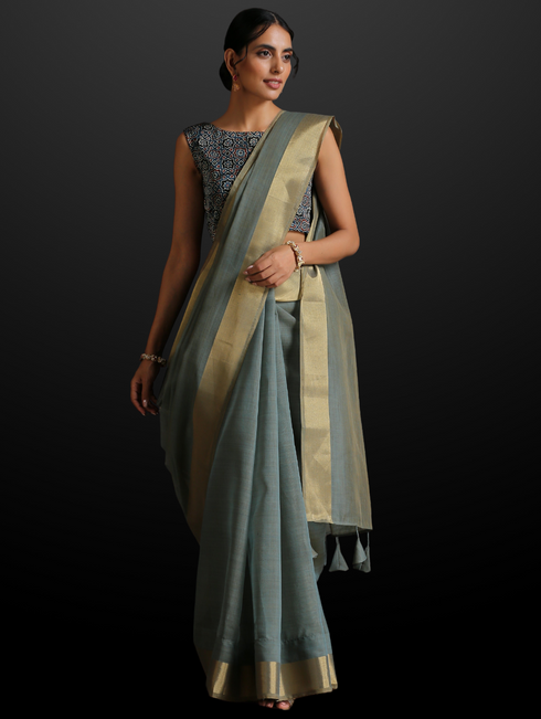 Blue Dusk Dual Shade Cotton Saree with Border and Tassels