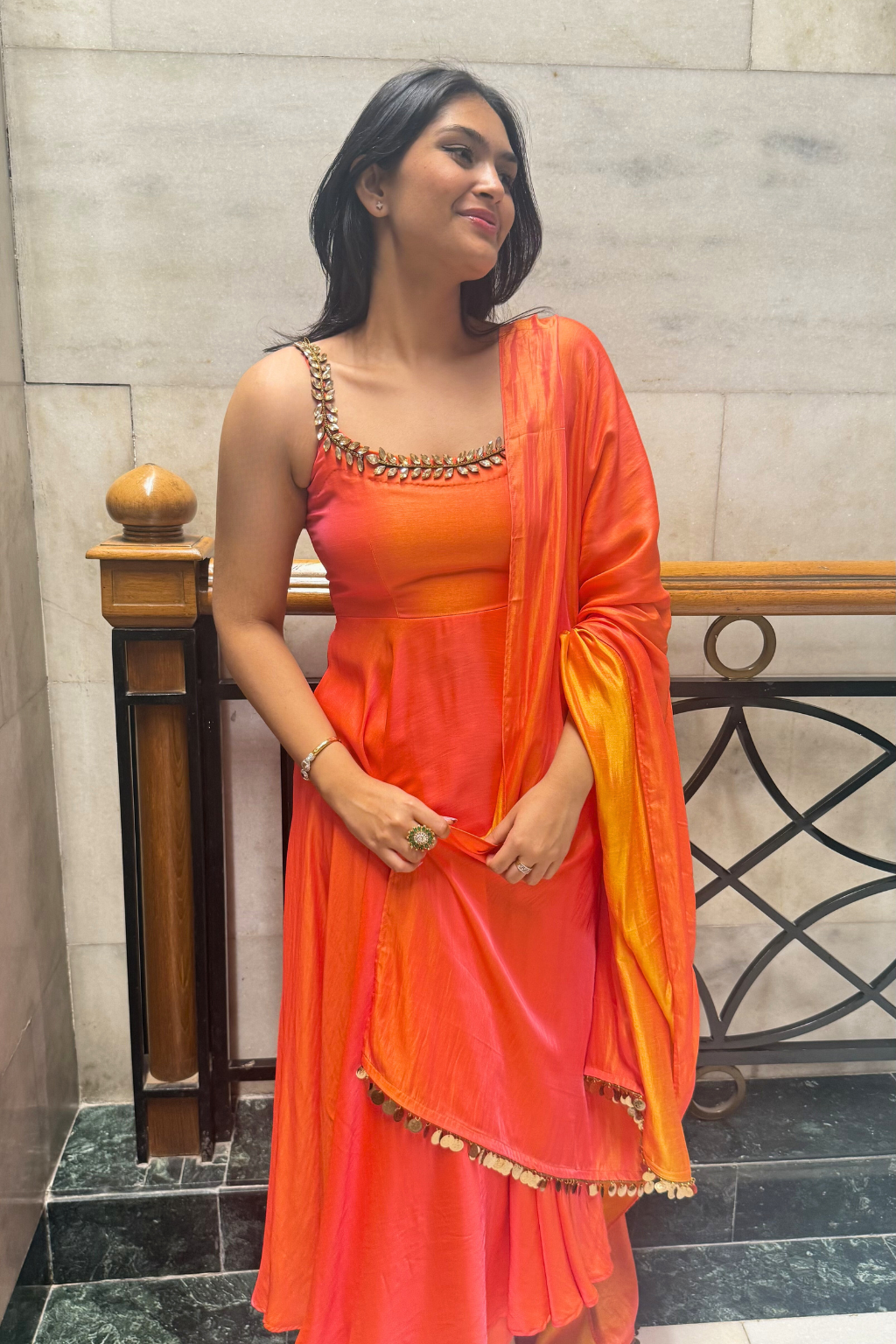 3 pc Suit Set - Orange yellow Dual Shade Satin Anarkali Suit with Glass Beads Neck with Pants and Dupatta