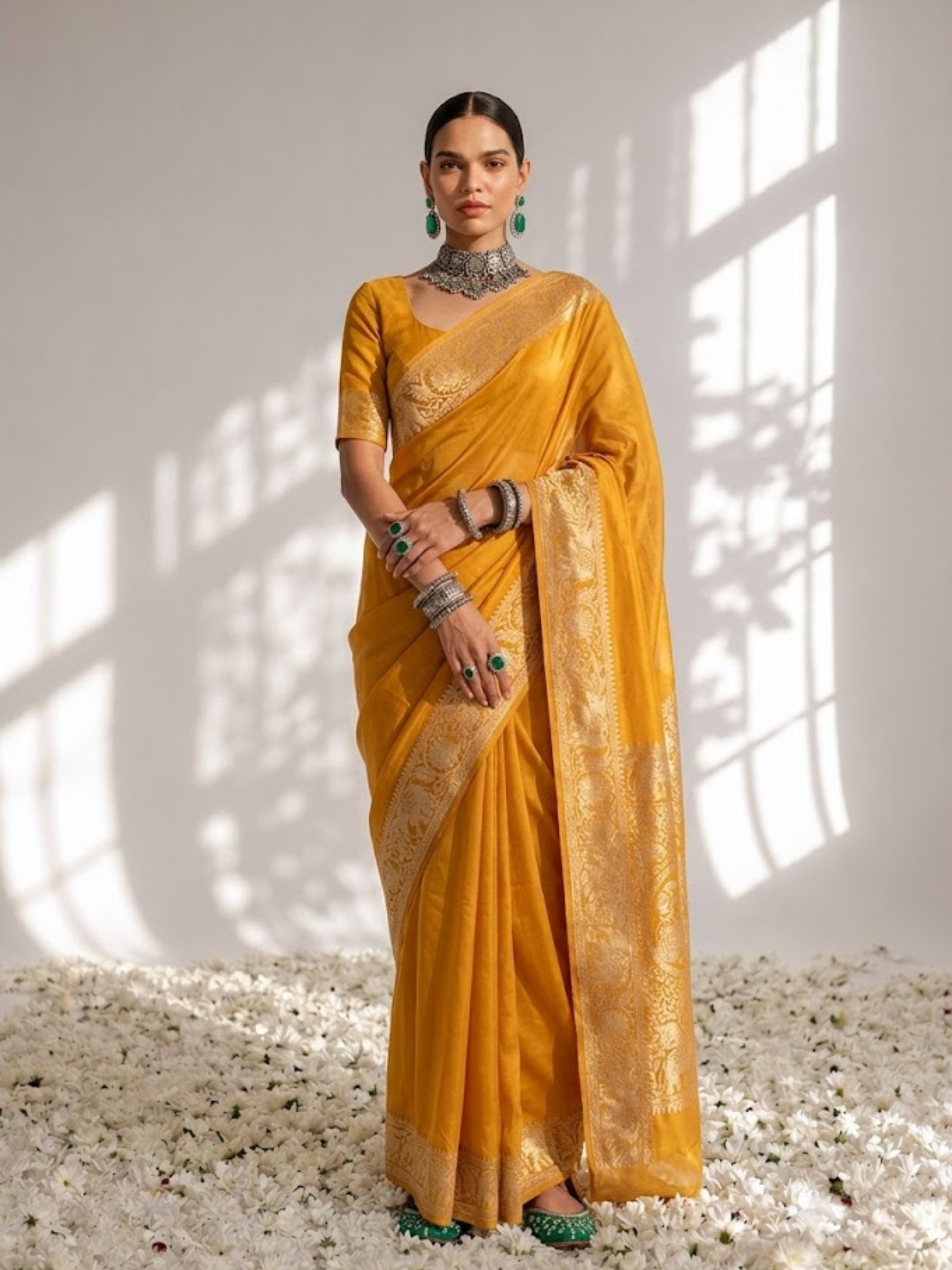 Dola Yellow Border Silk saree with Zari Border and Blouse Fabric