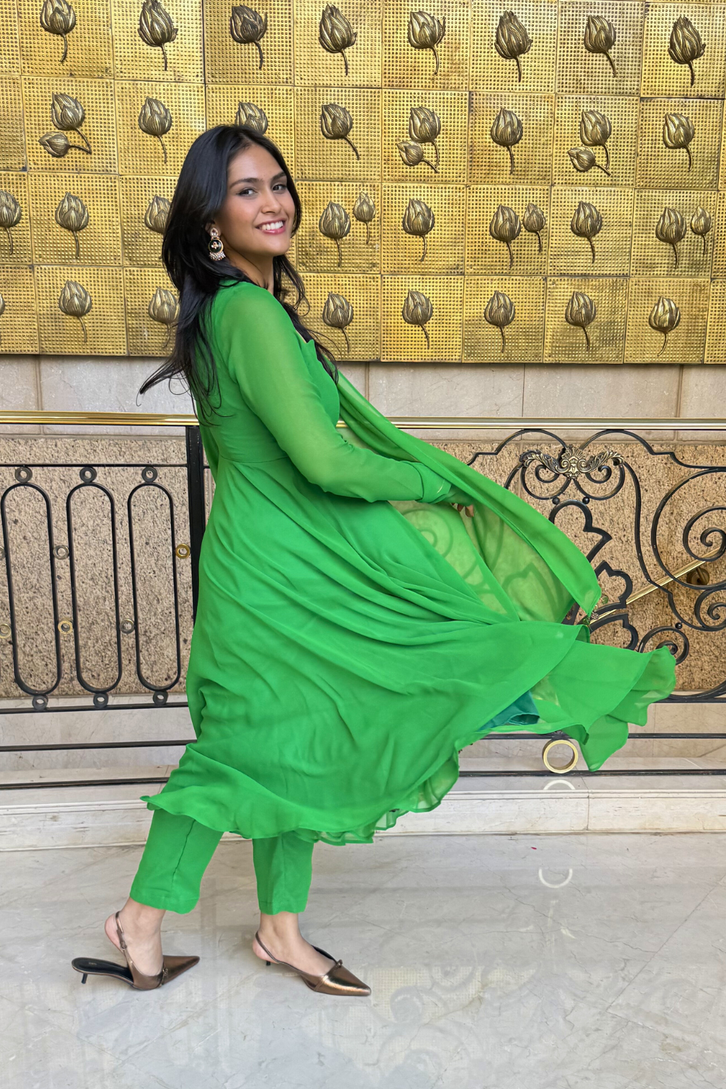 3 pc Suit Set -Chartreuse Georgette Anarkali Long Sleeve Suit with Pants and Dupatta