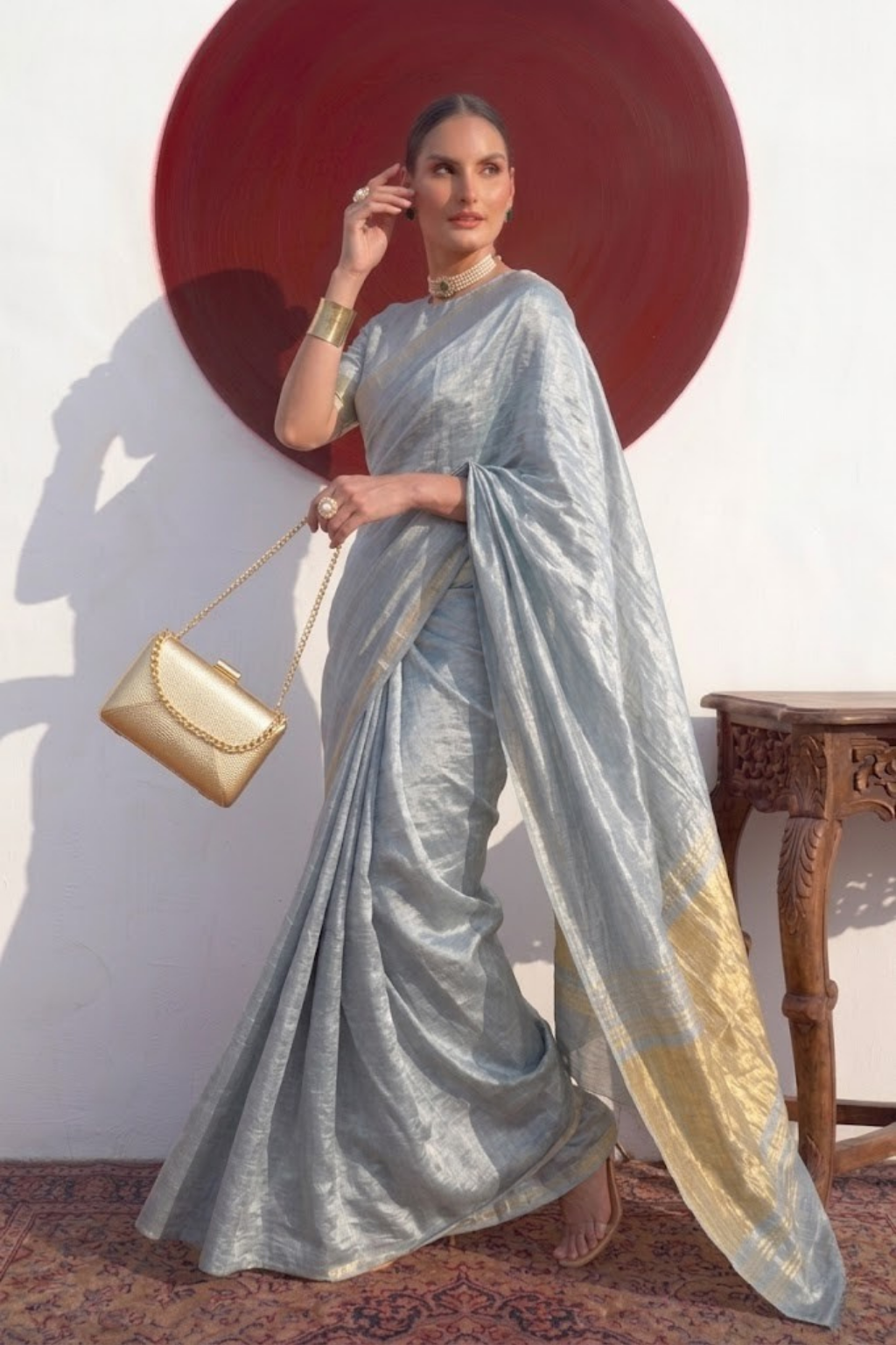 Gajji Grey Silk Saree with Zari Pallu with Blouse Fabric