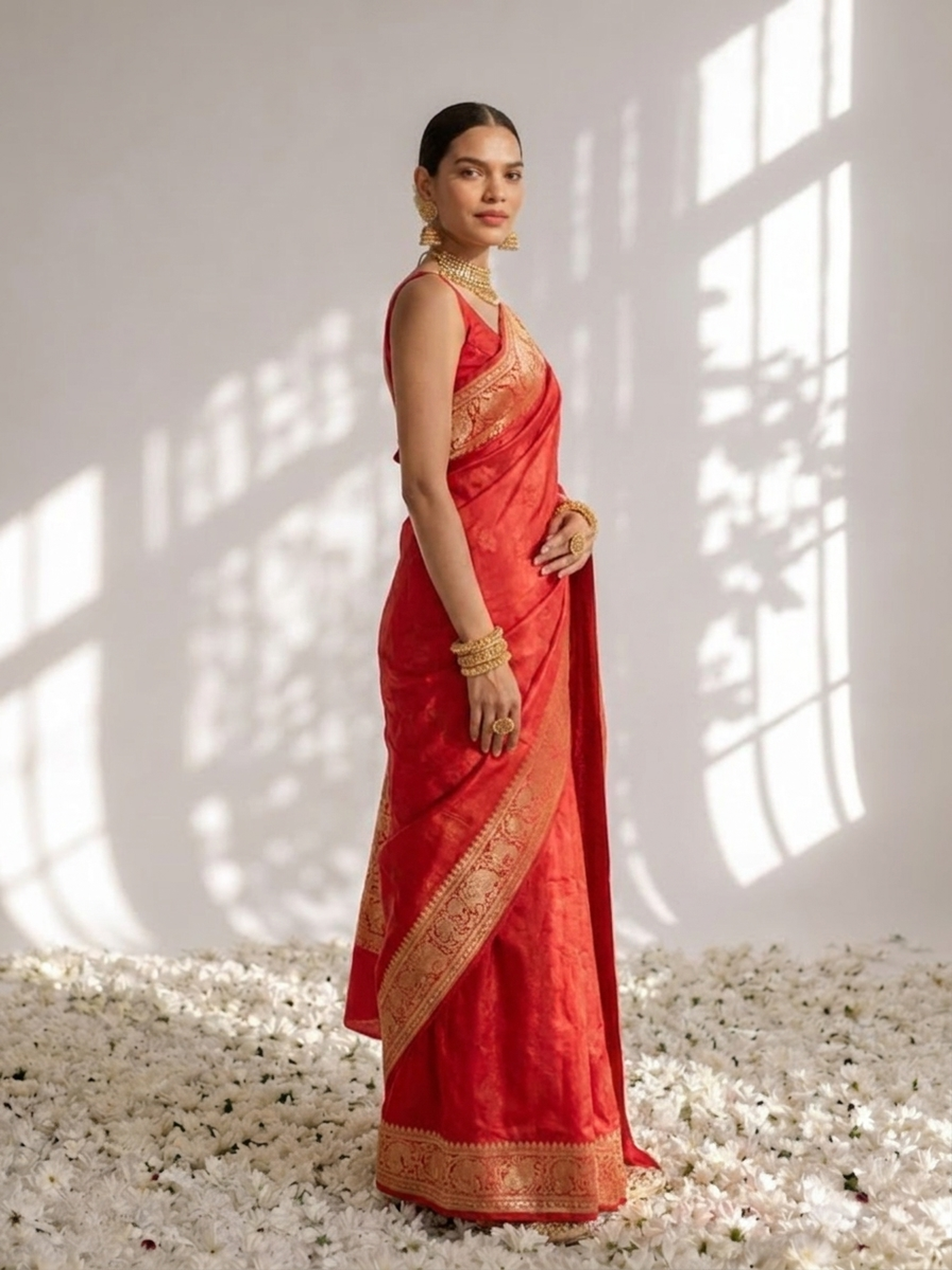 Dola Red Border Silk saree with Zari Border and Blouse Fabric