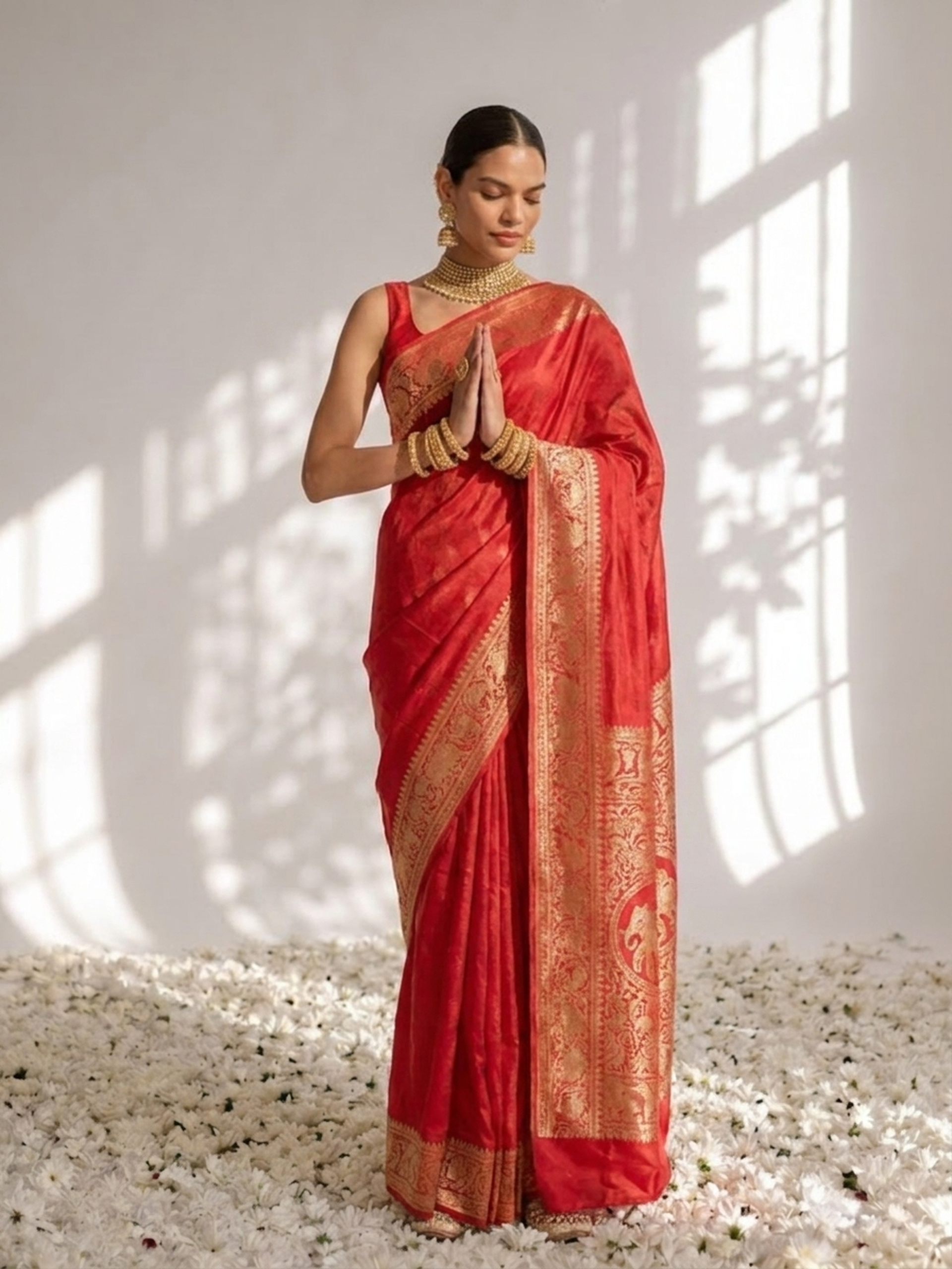 Dola Red Border Silk saree with Zari Border and Blouse Fabric