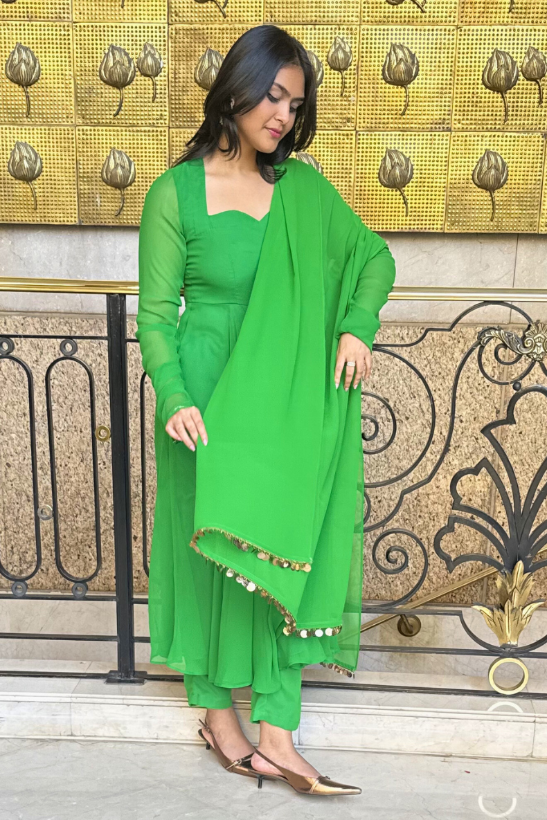 3 pc Suit Set -Chartreuse Georgette Anarkali Long Sleeve Suit with Pants and Dupatta