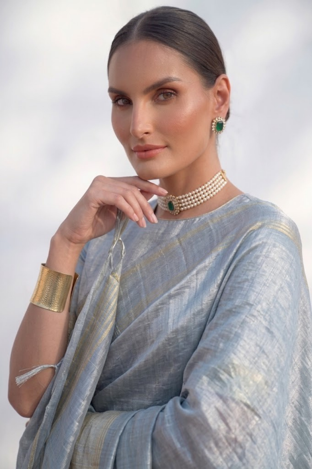 Gajji Grey Silk Saree with Zari Pallu with Blouse Fabric