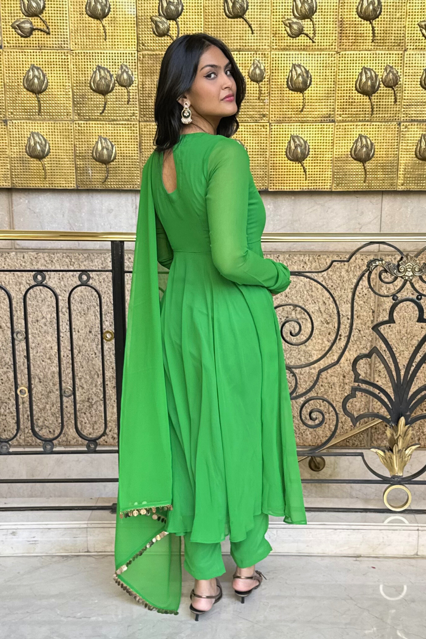 3 pc Suit Set -Chartreuse Georgette Anarkali Long Sleeve Suit with Pants and Dupatta