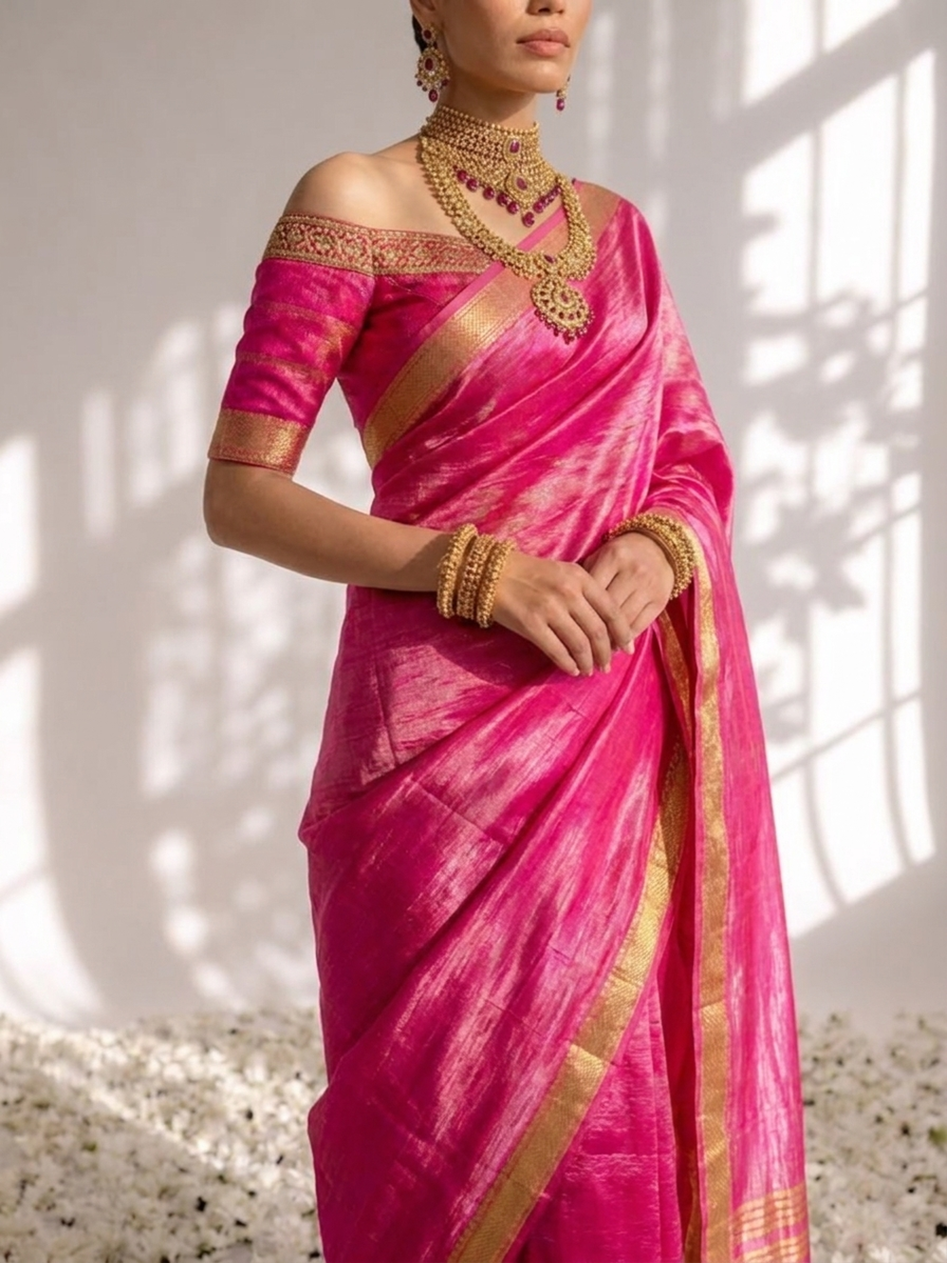 Gajji Pink Silk Saree with Zari Pallu with Blouse Fabric