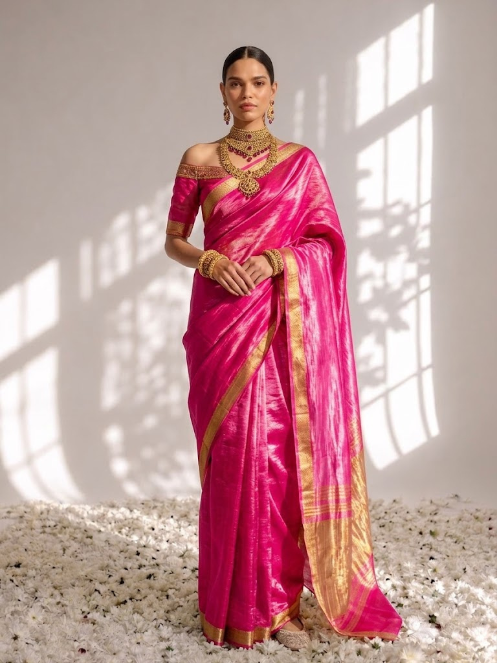 Gajji Pink Silk Saree with Zari Pallu with Blouse Fabric