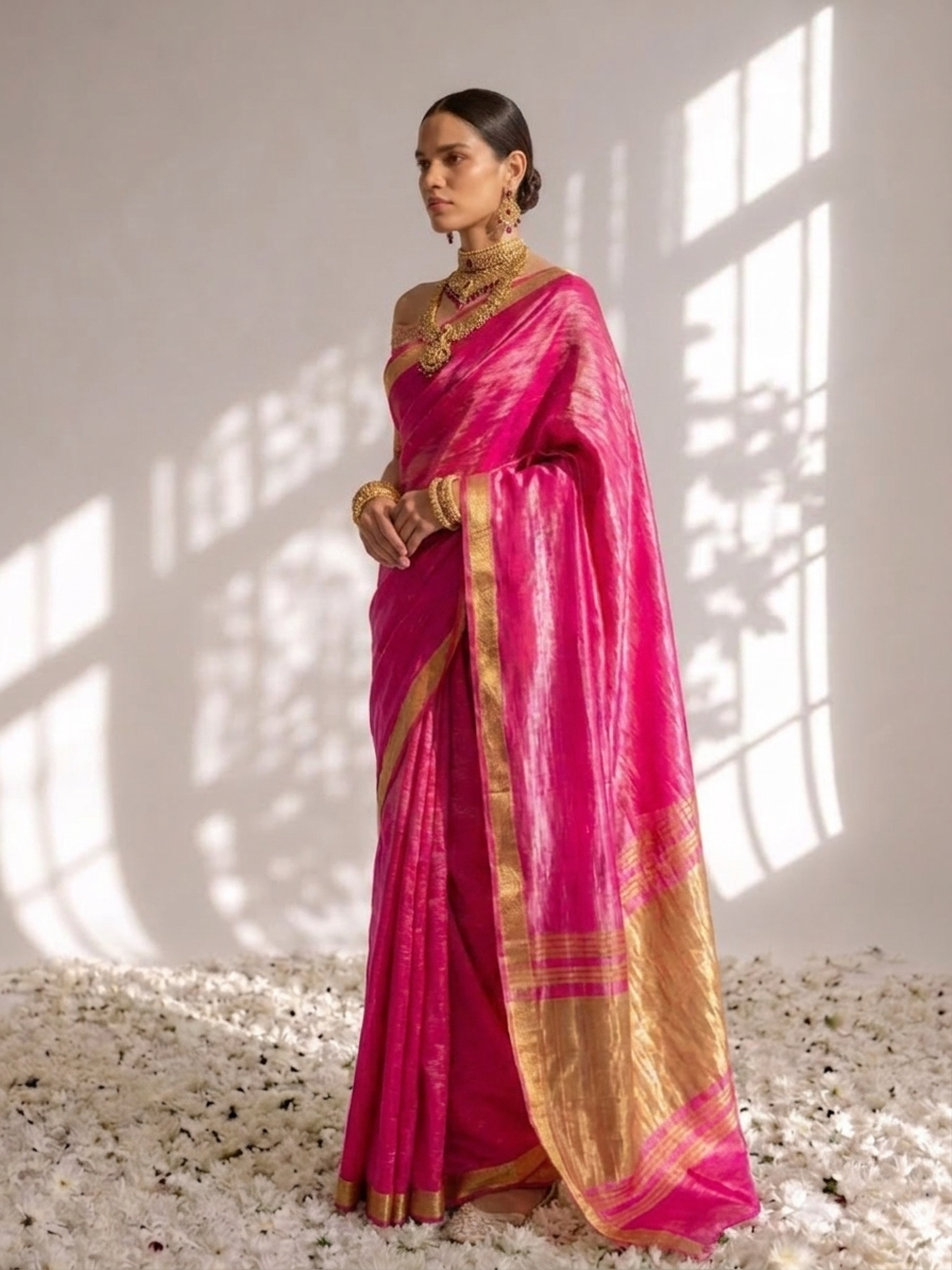 Gajji Pink Silk Saree with Zari Pallu with Blouse Fabric