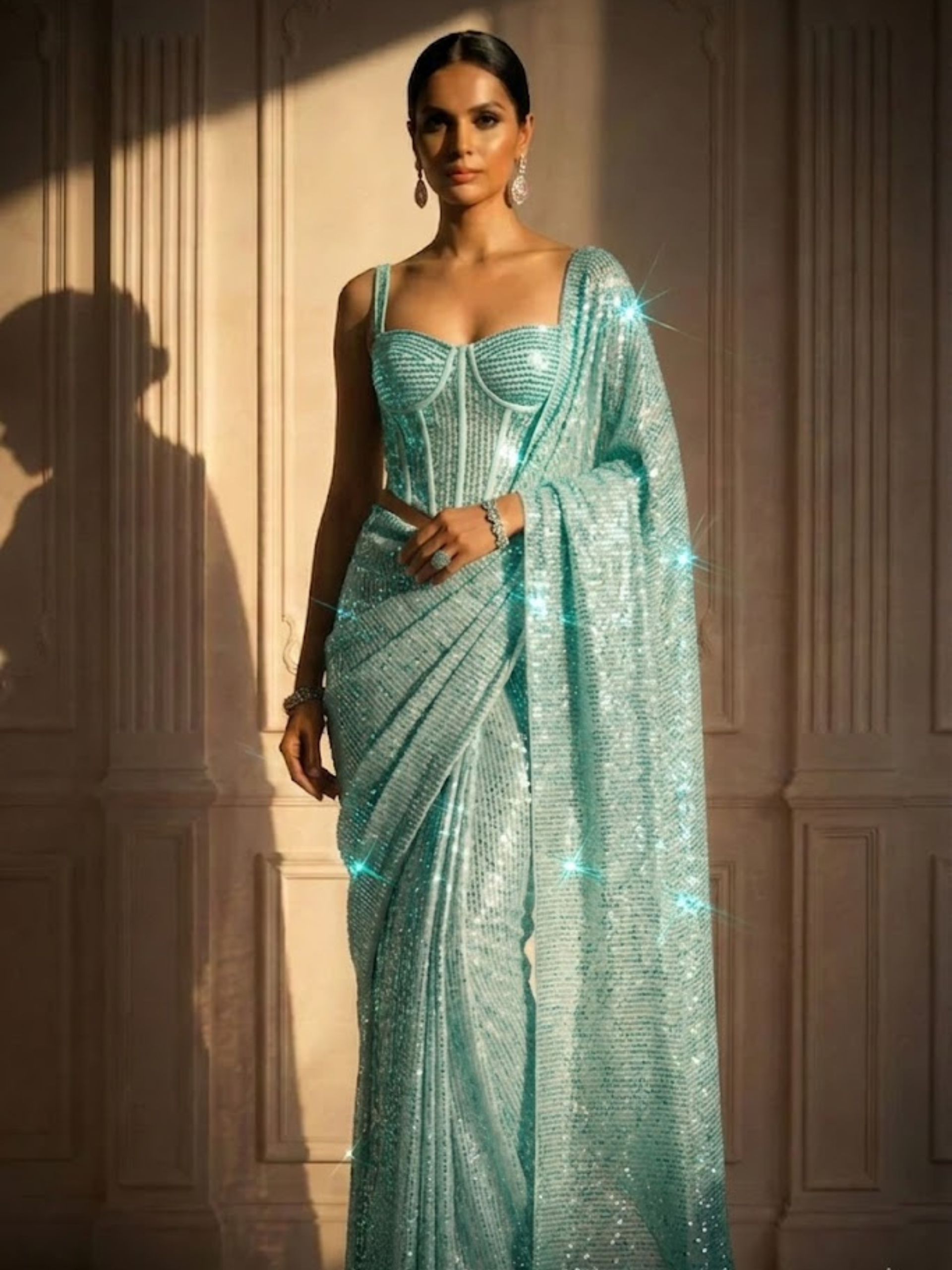 Havana Dreams Blue Knitted Sequin Saree with Blouse Fabric